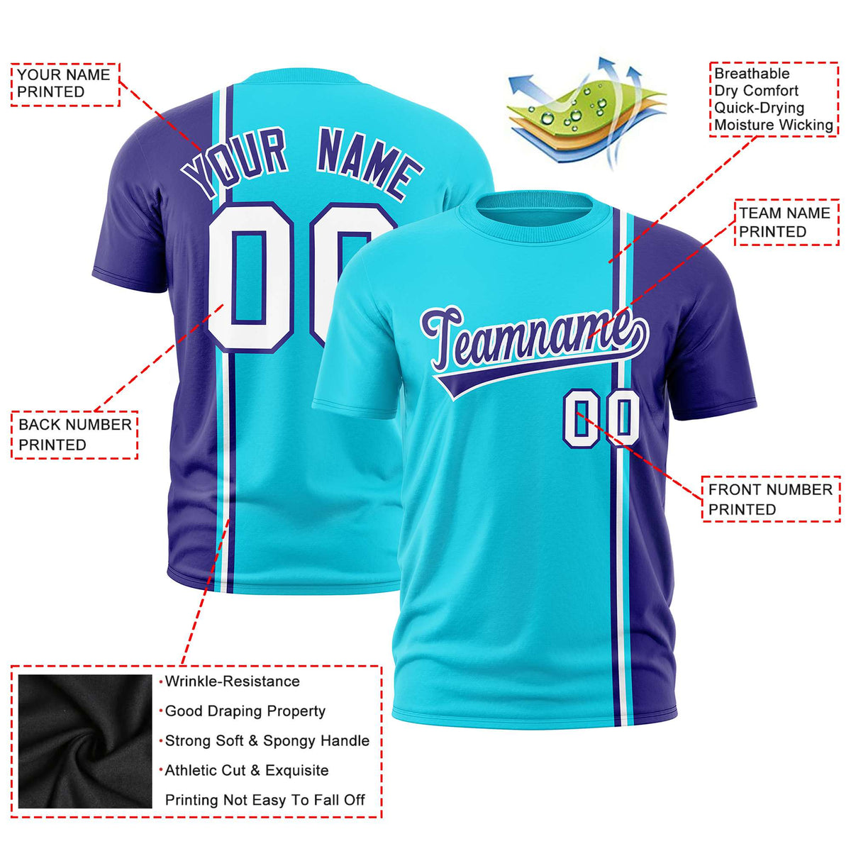 Custom Sky Blue Purple-White Crew neck Color Contrast Design T-Shirts