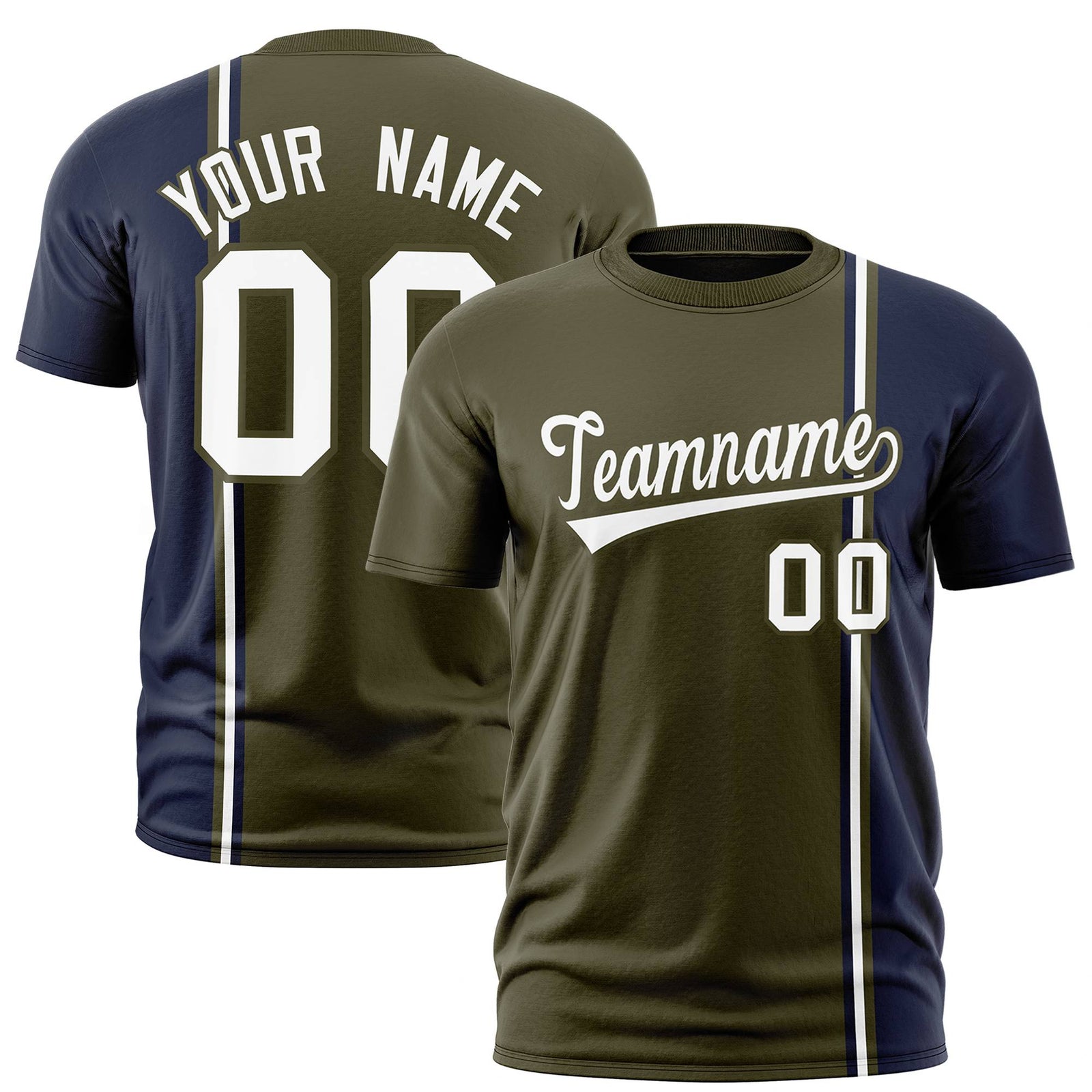 Custom Olive Navy-White Crew neck Color Contrast Design T-Shirts
