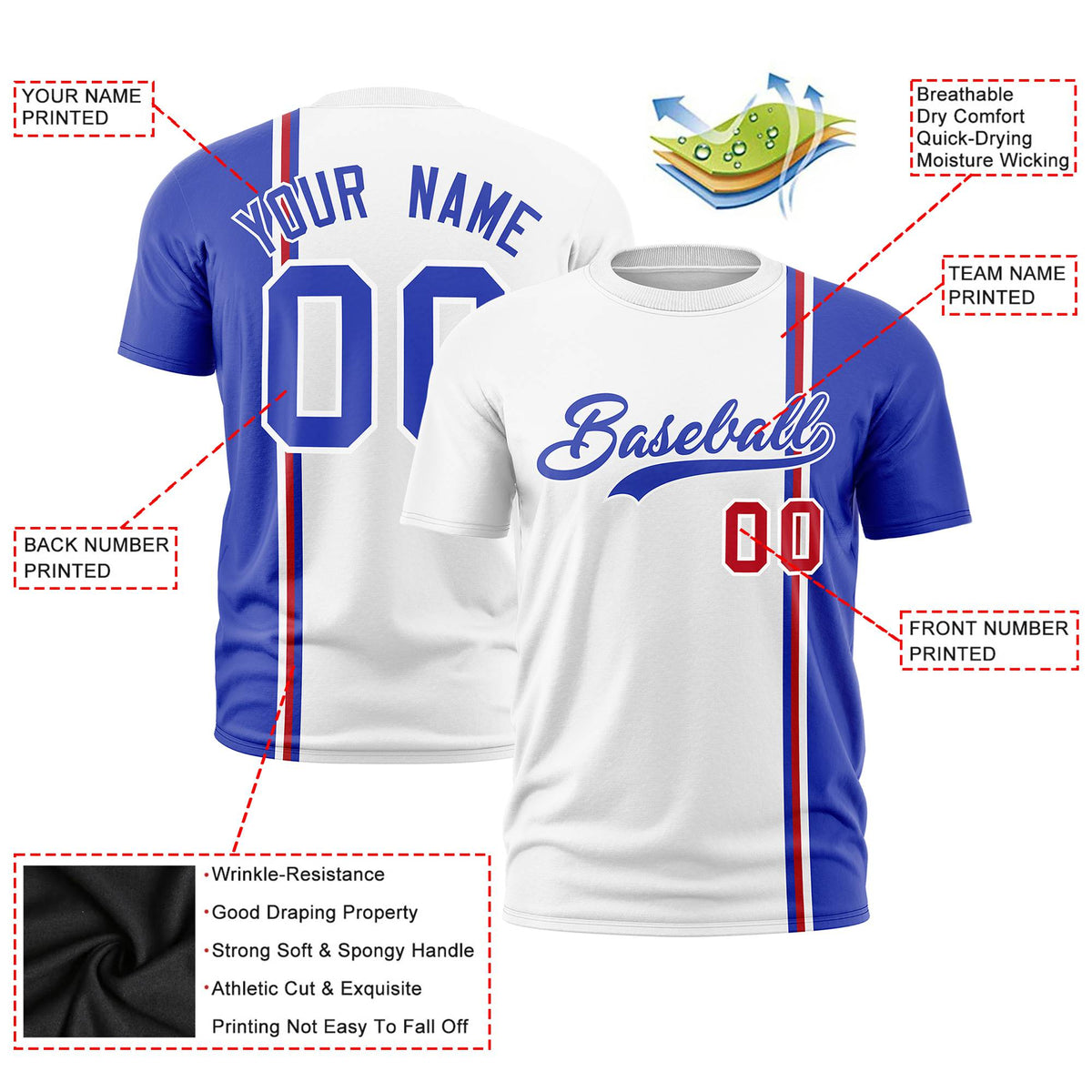 Custom White Royal Blue-Red Crew neck Color Contrast Design T-Shirts