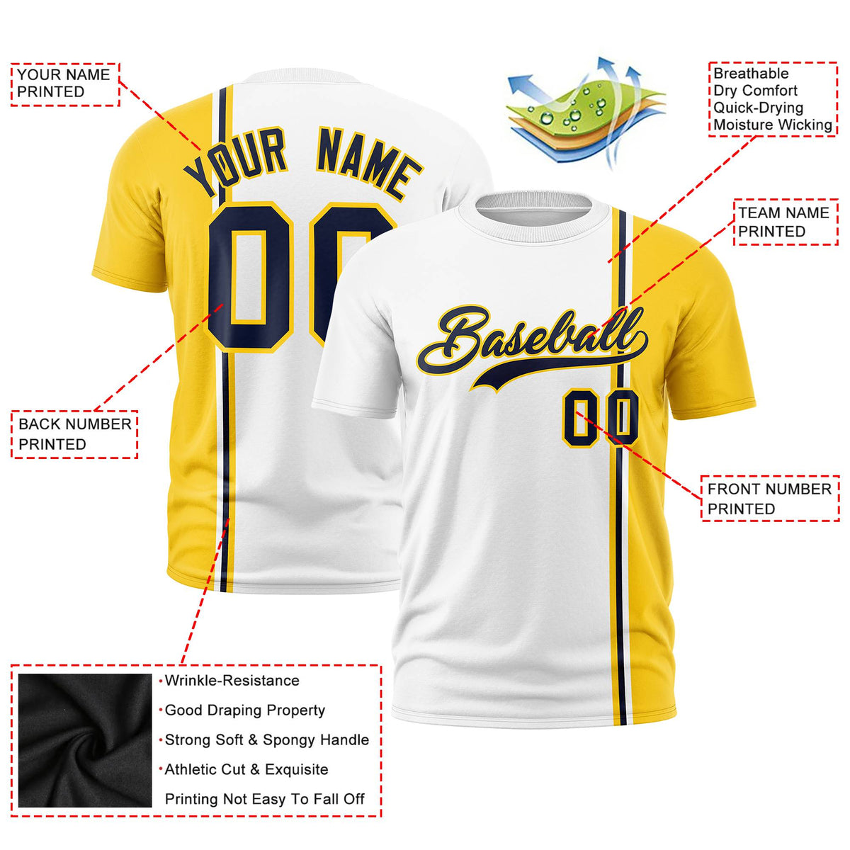 Custom White Navy Gold-01 Crew neck Color Contrast Design T-Shirts