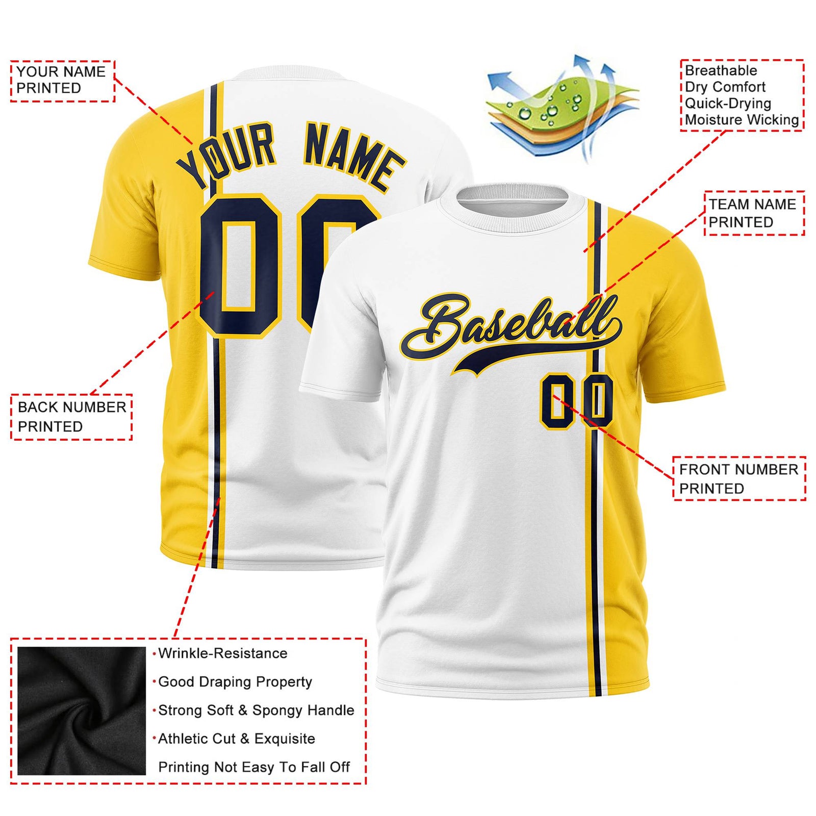 Custom White Navy Gold-01 Crew neck Color Contrast Design T-Shirts
