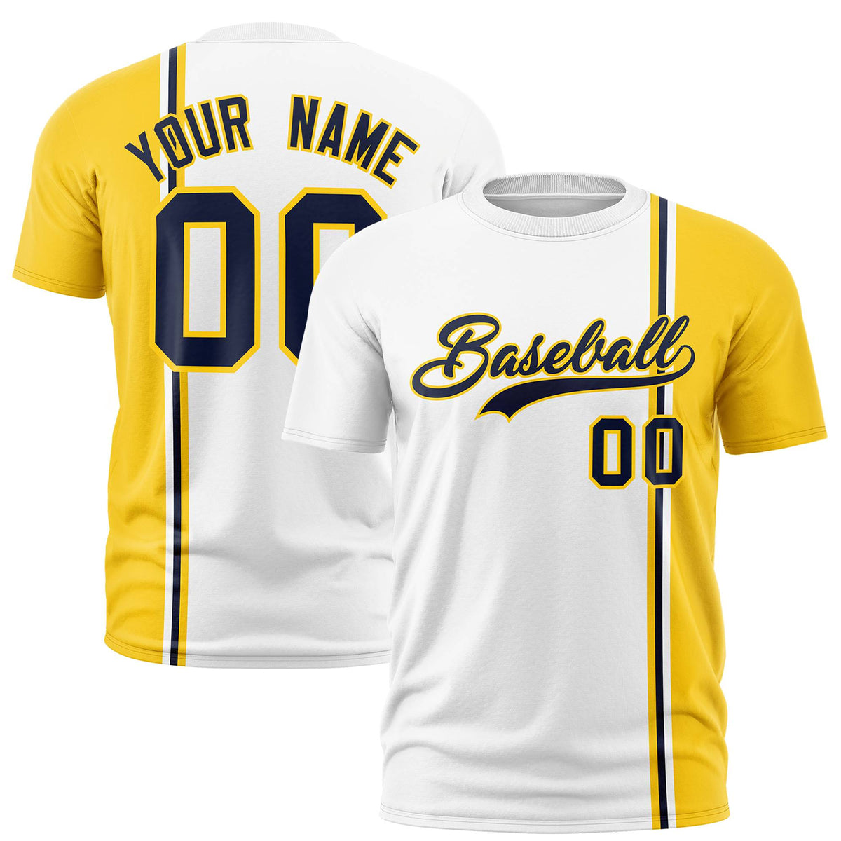 Custom White Navy Gold-01 Crew neck Color Contrast Design T-Shirts