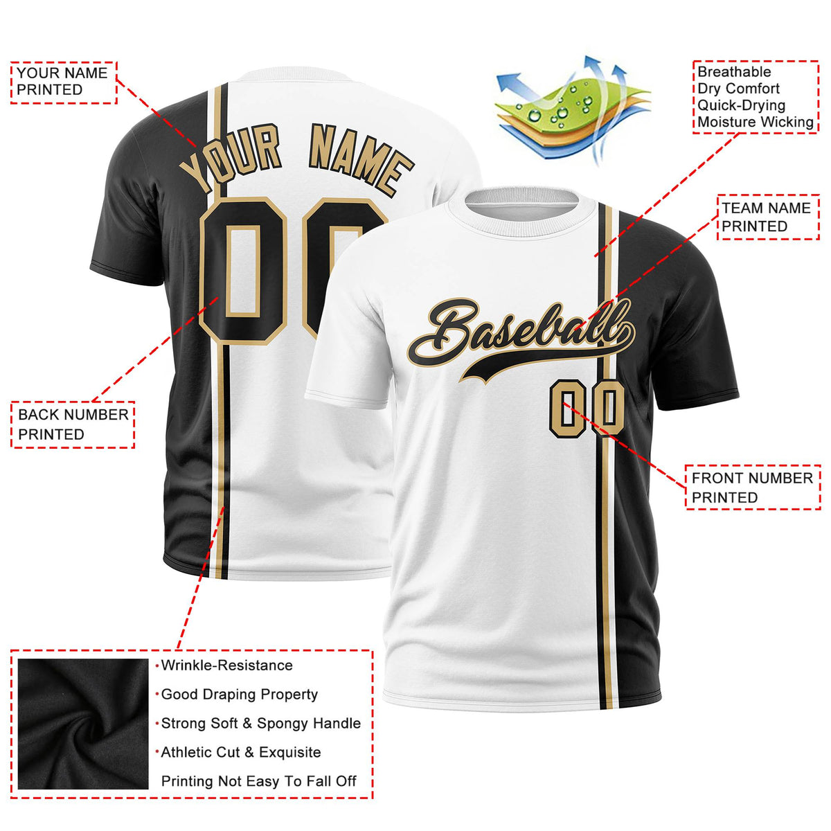 Custom White Black-Gold Crew neck Color Contrast Design T-Shirts