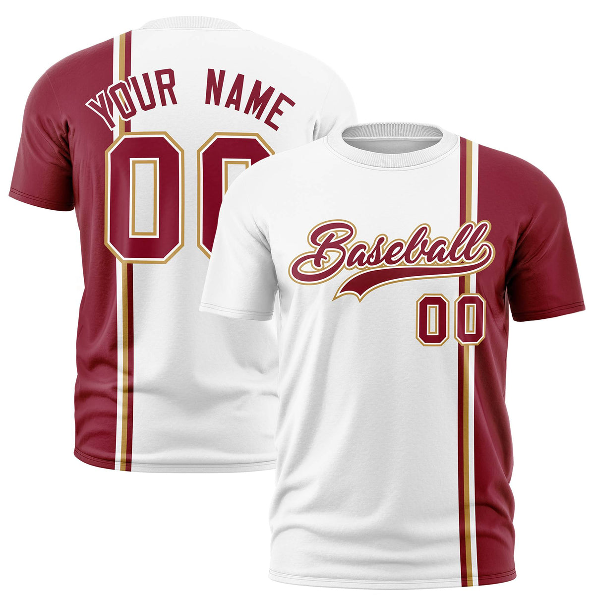 Custom White Crimson-Gold Crew neck Color Contrast Design T-Shirts