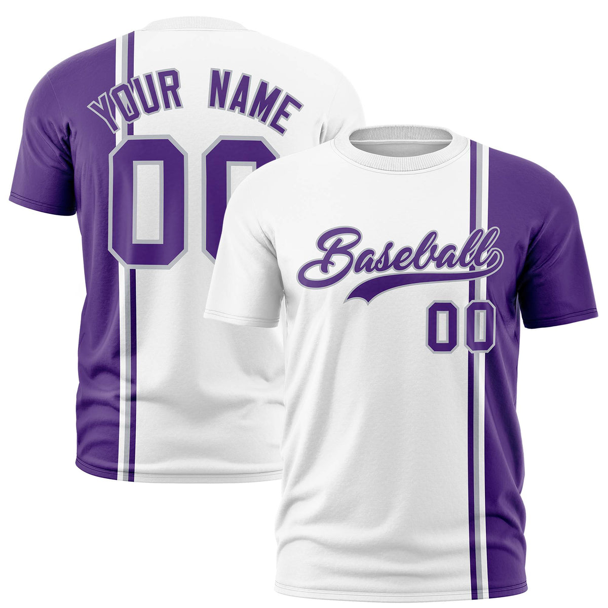 Custom White Purple-Gray Crew neck Color Contrast Design T-Shirts