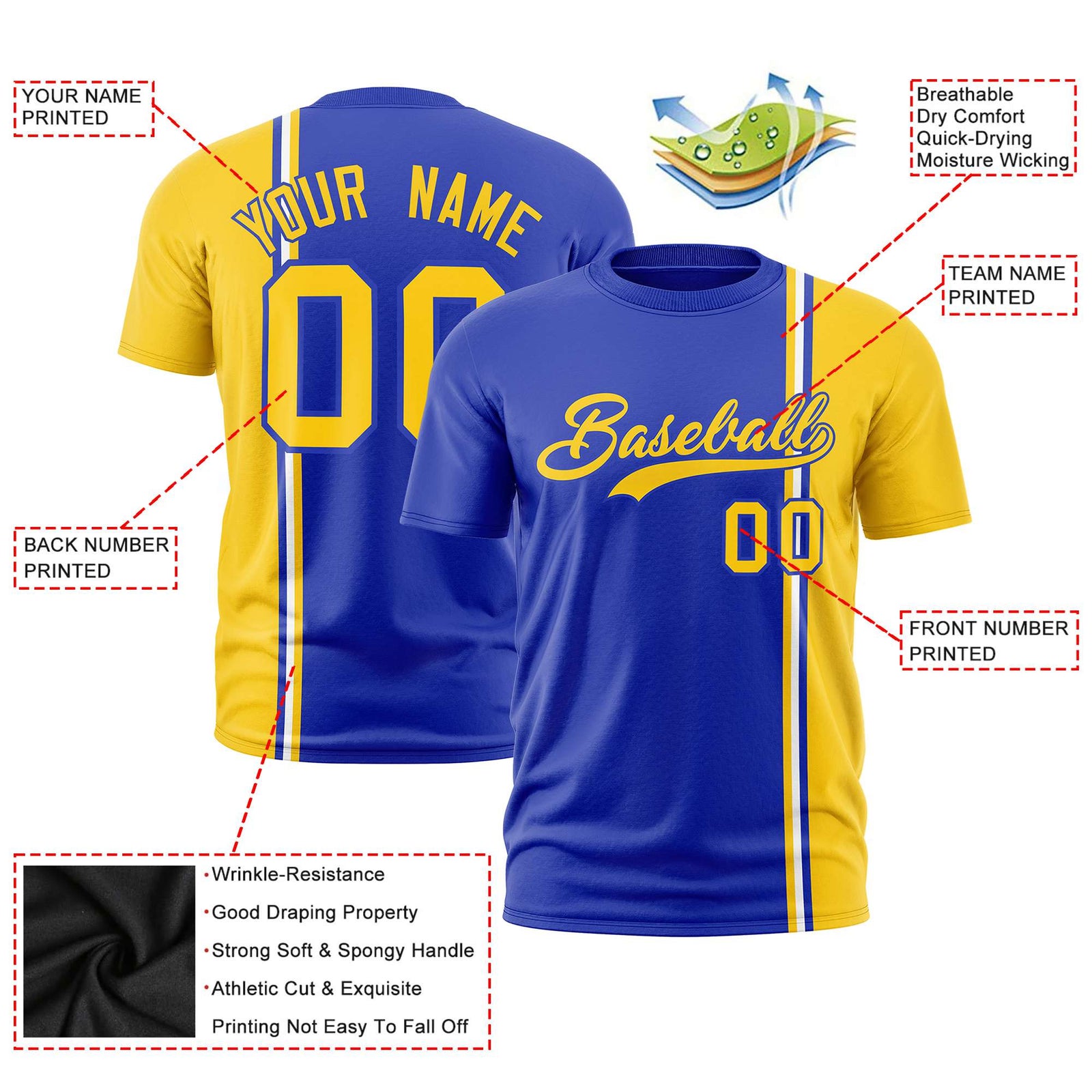 Custom Royal Blue Gold-01 White Crew neck Color Contrast Design T-Shirts