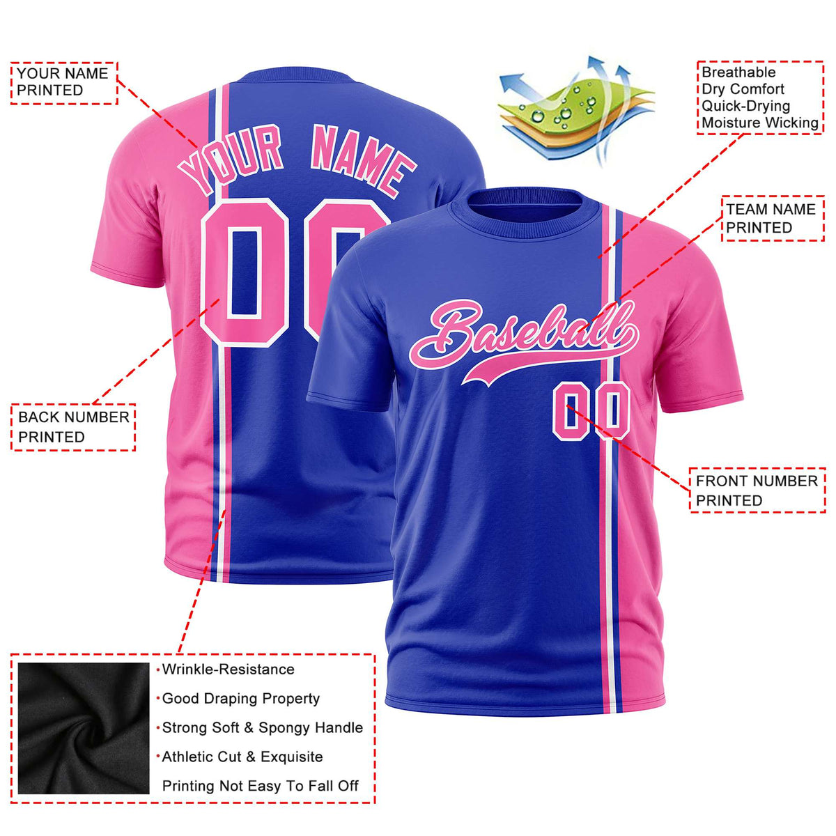 Custom Royal Blue Pink-White Crew neck Color Contrast Design T-Shirts