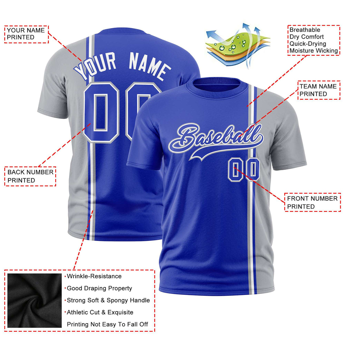 Custom Royal Blue Gray-White Crew neck Color Contrast Design T-Shirts