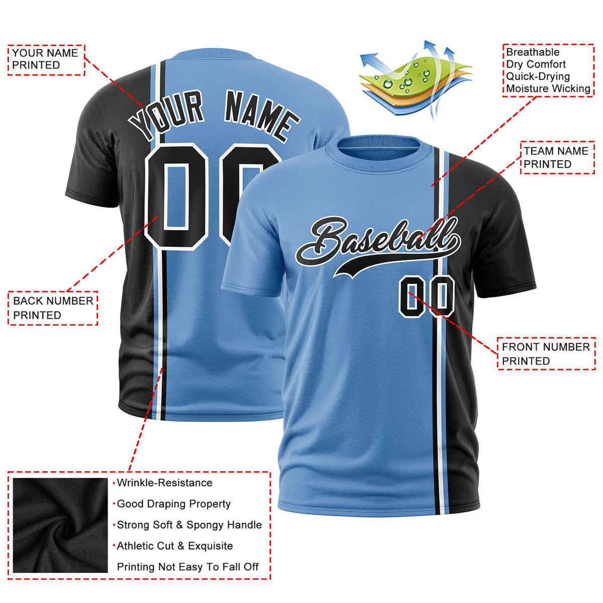 Custom Powder Blue Black-White Crew neck Color Contrast Design T-Shirts