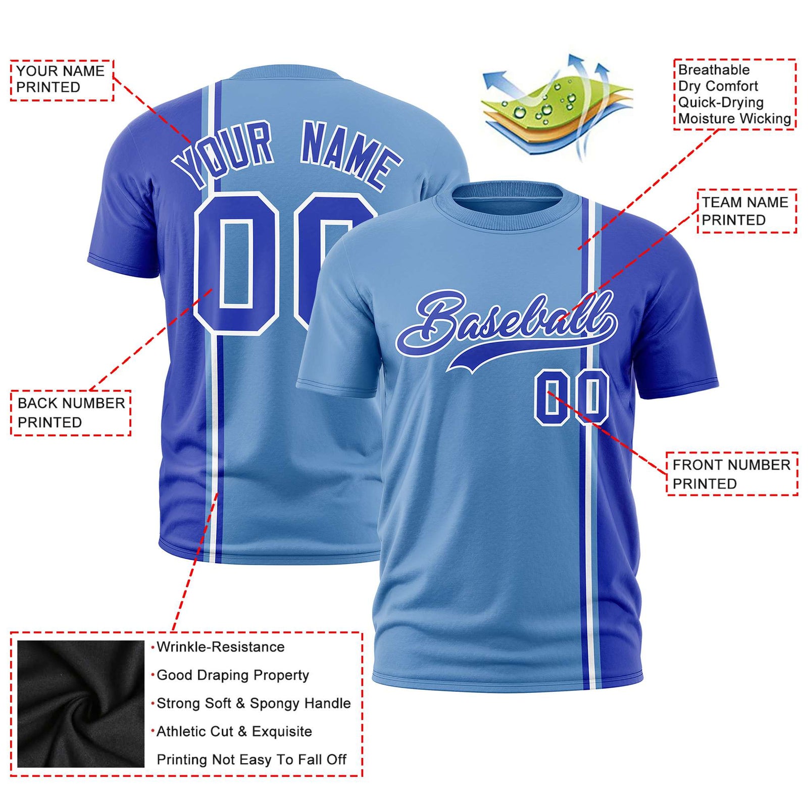 Custom Powder Blue Royal Blue-White Crew neck Color Contrast Design T-Shirts