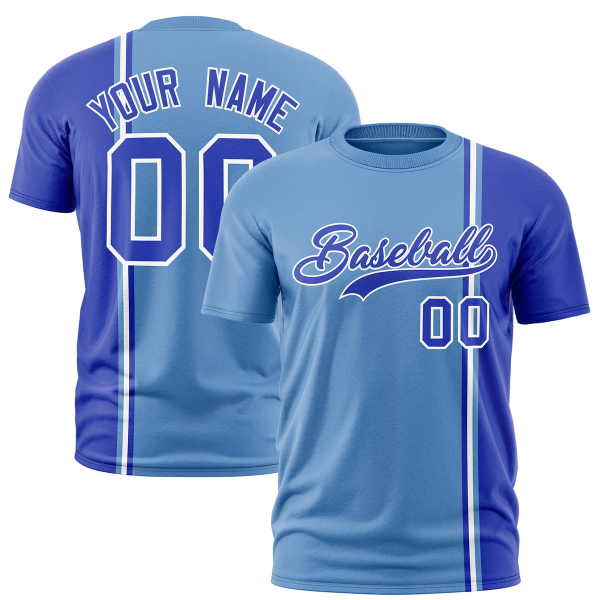 Custom Powder Blue Royal Blue-White Crew neck Color Contrast Design T-Shirts