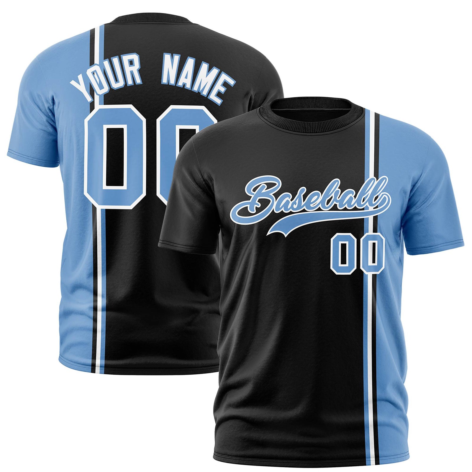 Custom Black Powder Blue-White Crew neck Color Contrast Design T-Shirts