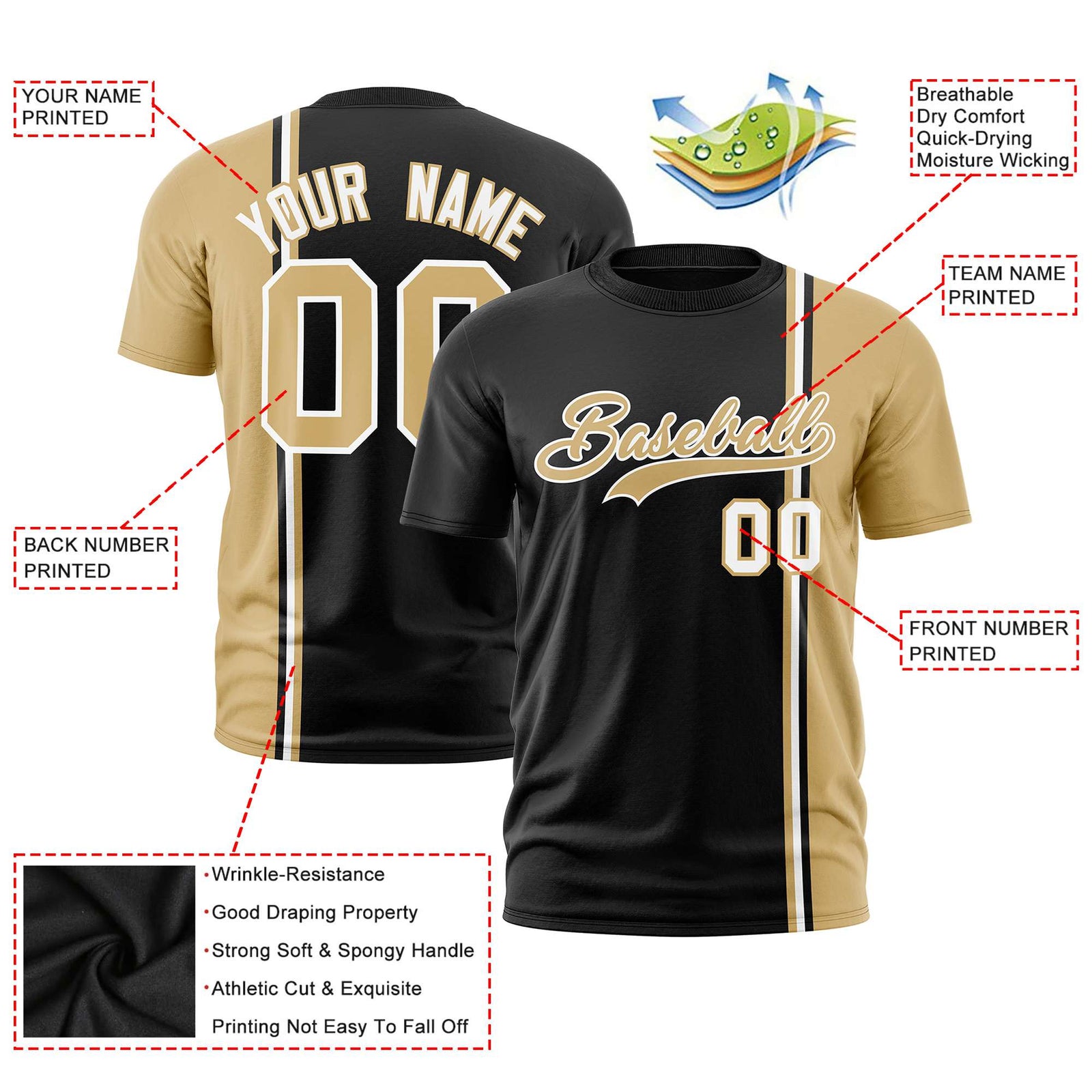 Custom Black Khaki-White Crew neck Color Contrast Design T-Shirts