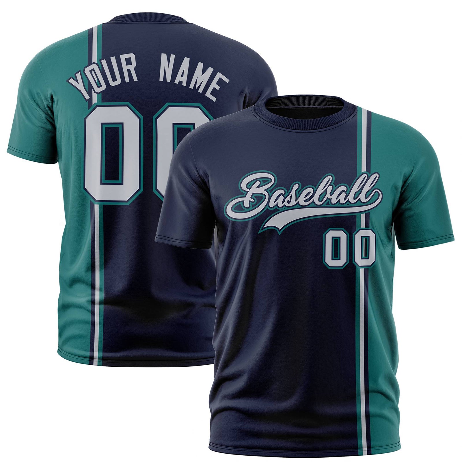 Custom Navy Aqua-White Crew neck Color Contrast Design T-Shirts