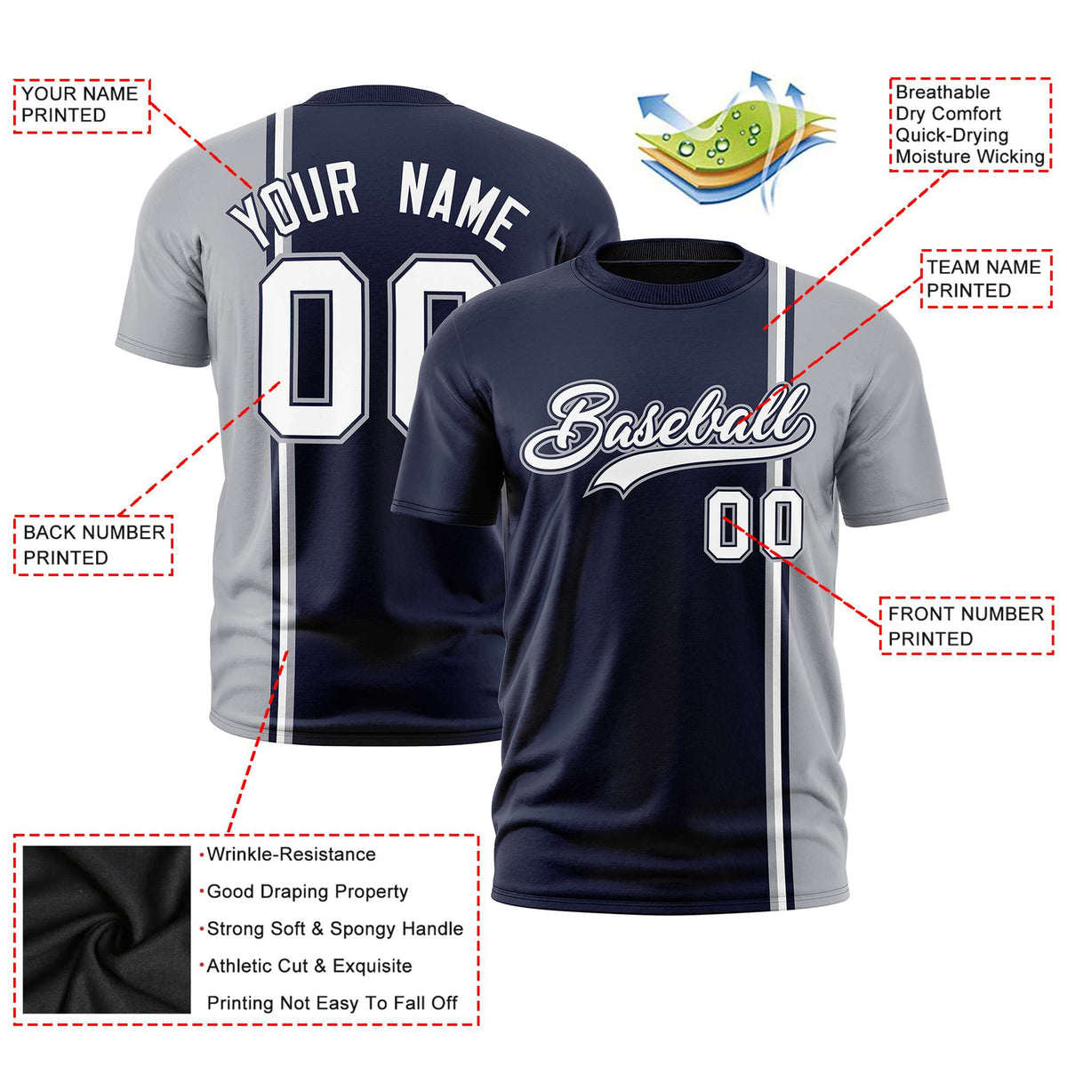 Custom Navy Gray-White Crew neck Color Contrast Design T-Shirts