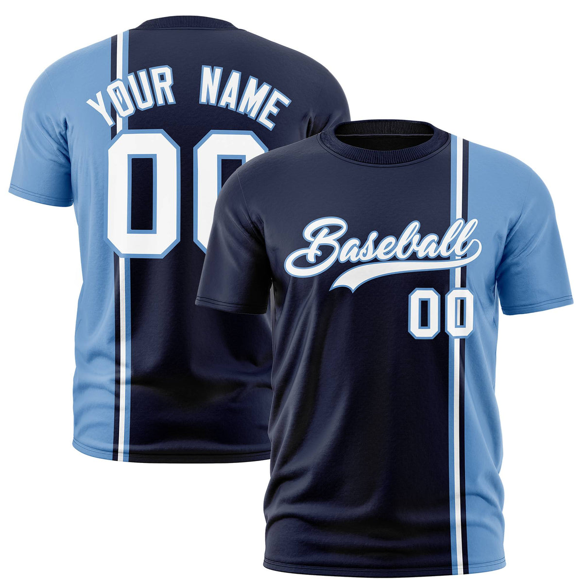 Custom Navy Powder Blue-White Crew neck Color Contrast Design T-Shirts