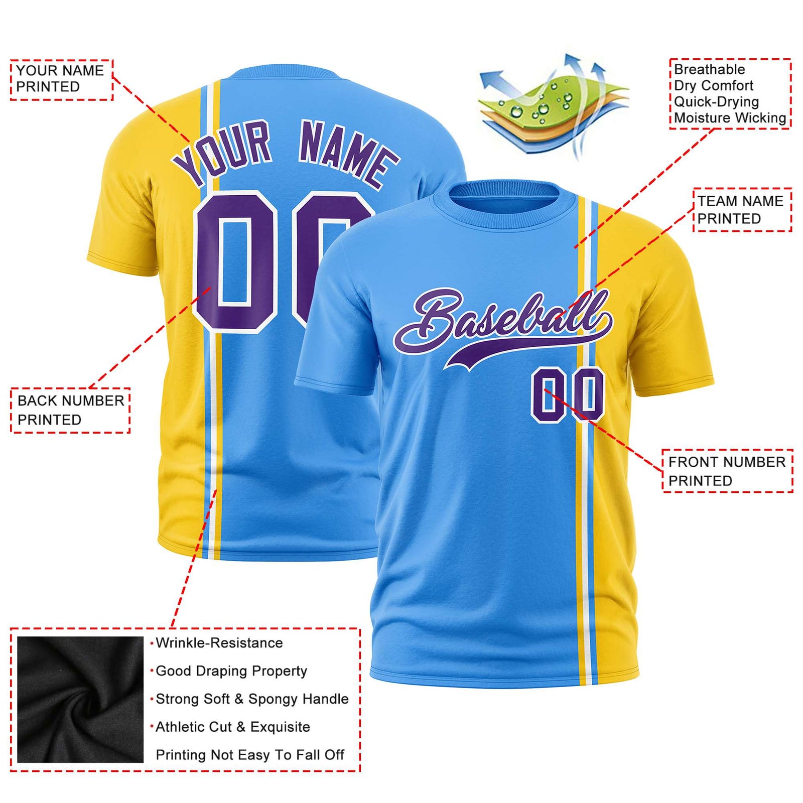 Custom Powder Blue Gold-01 White Crew neck Color Contrast Design T-Shirts