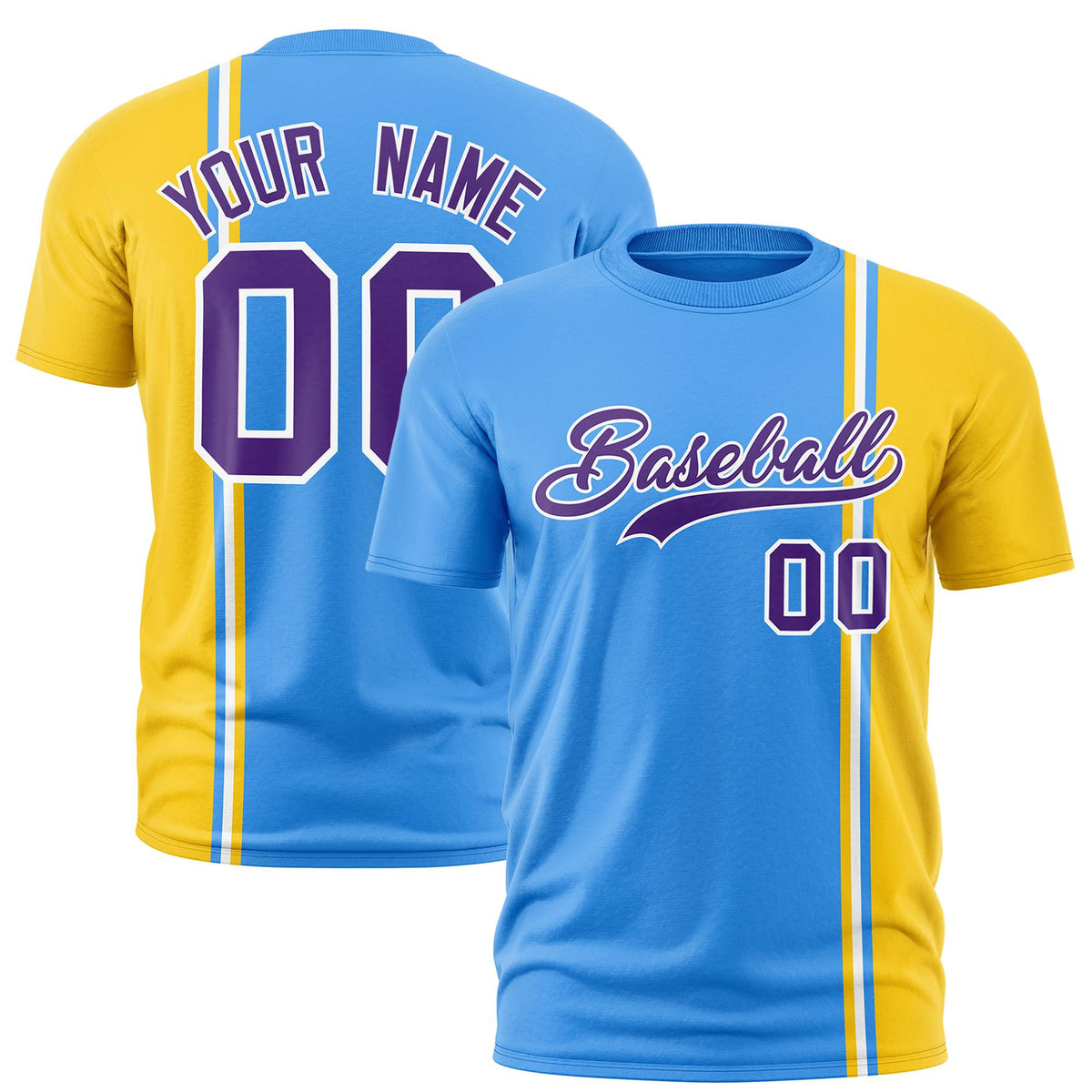 Custom Powder Blue Gold-01 White Crew neck Color Contrast Design T-Shirts