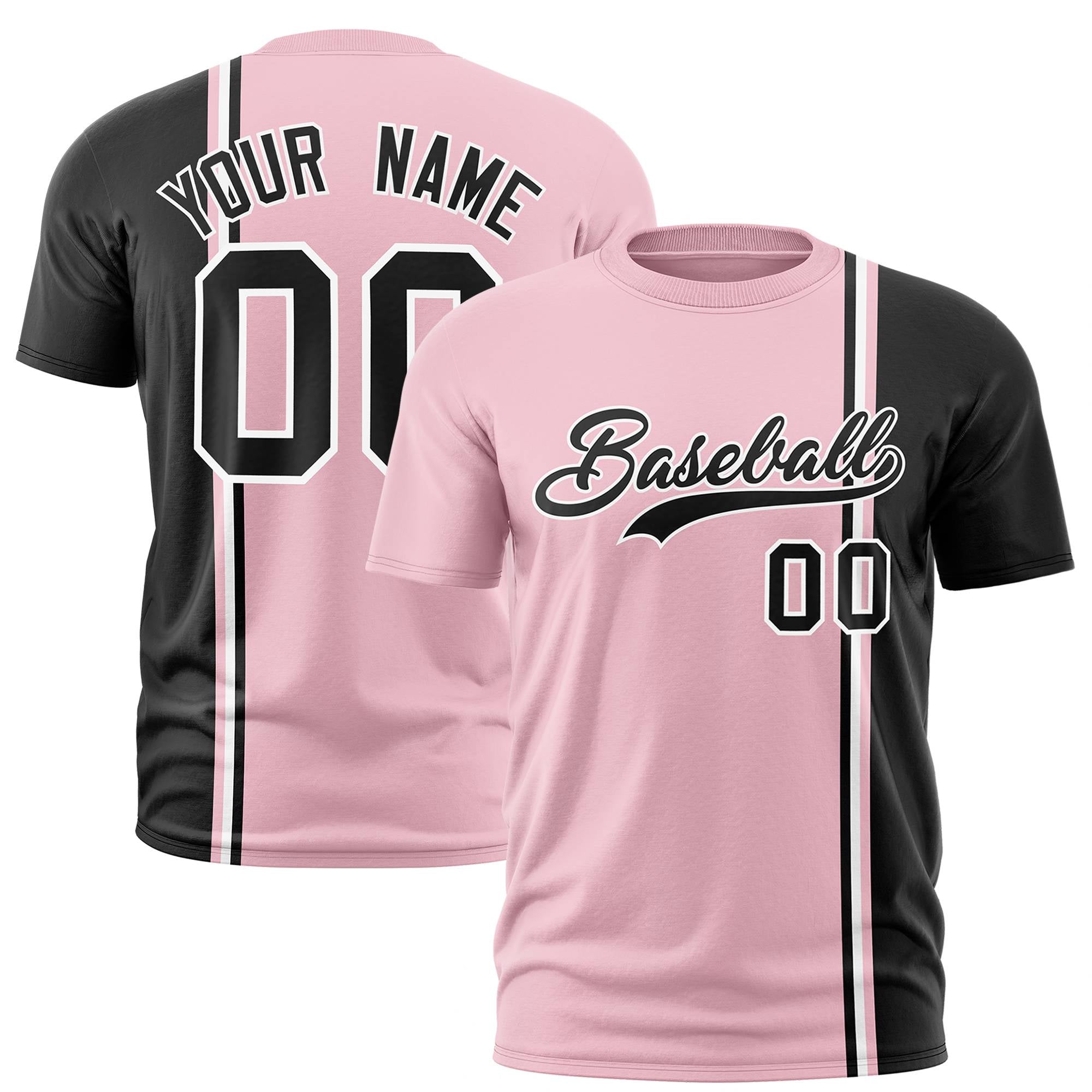 Custom Light Pink Black-White Crew neck Color Contrast Design T-Shirts