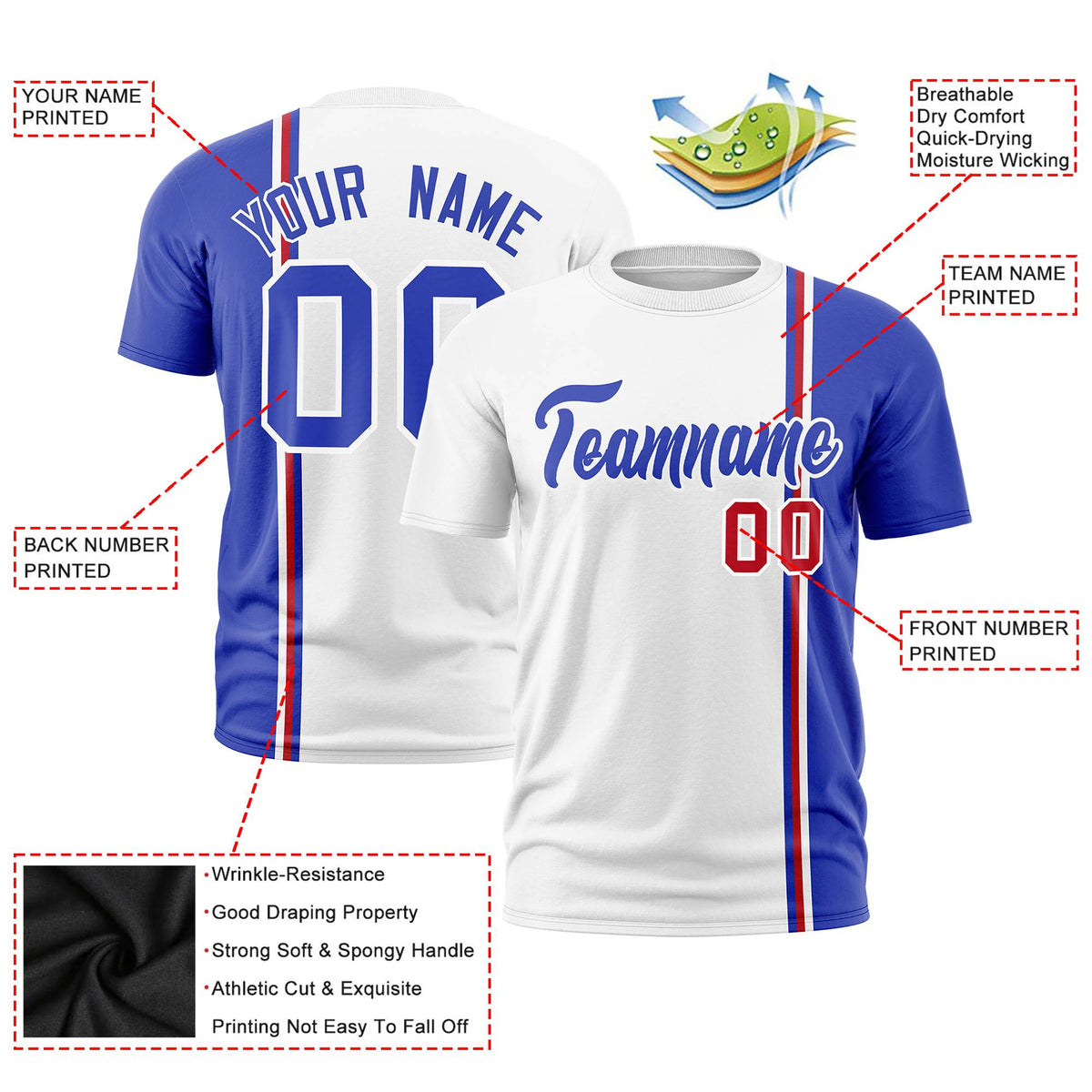 Custom White Royal Blue-Red Crew neck Color Contrast Design T-Shirts