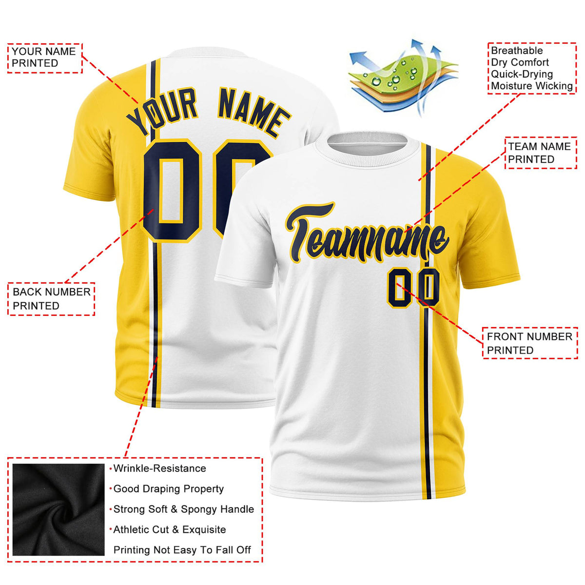 Custom White Navy Gold-01 Crew neck Color Contrast Design T-Shirts