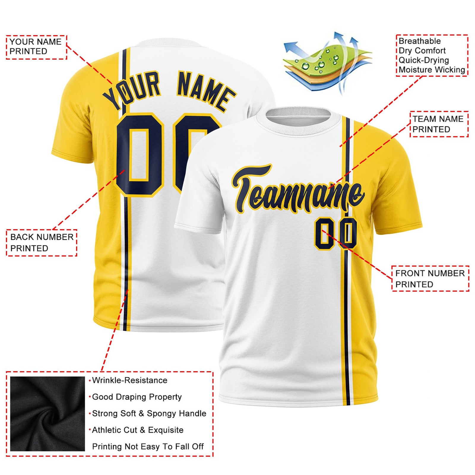 Custom White Navy Gold-01 Crew neck Color Contrast Design T-Shirts