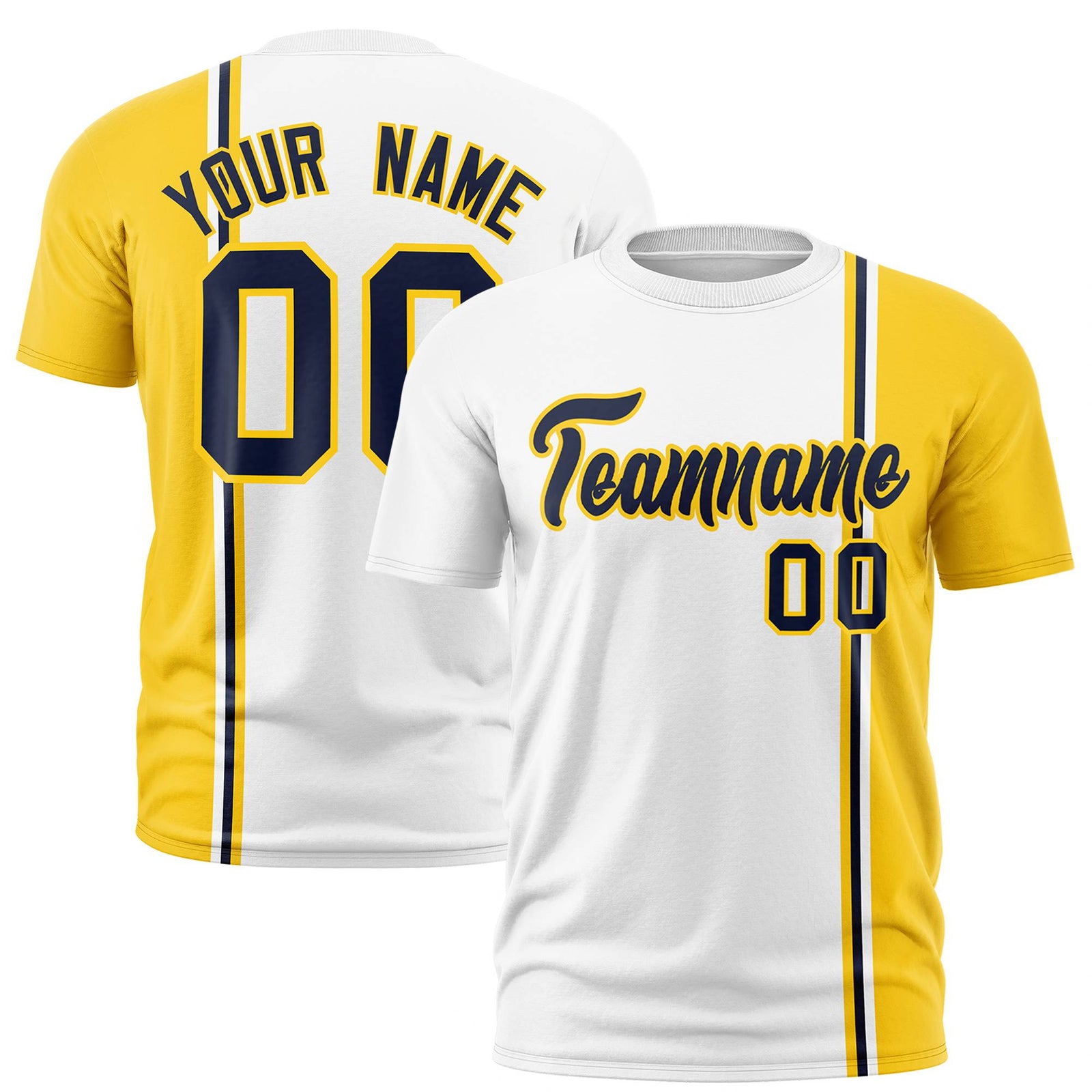 Custom White Navy Gold-01 Crew neck Color Contrast Design T-Shirts