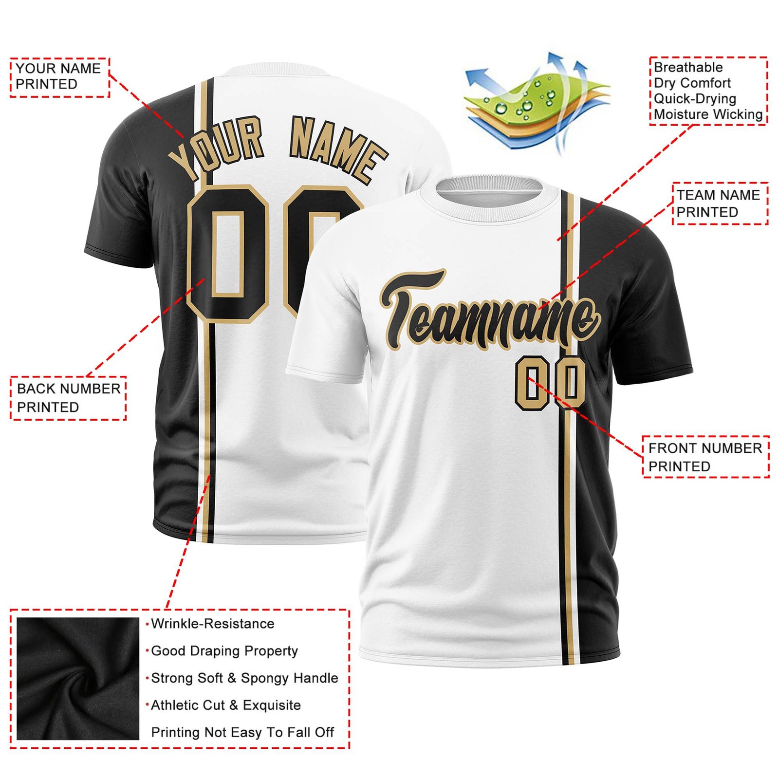 Custom White Black-Gold Crew neck Color Contrast Design T-Shirts