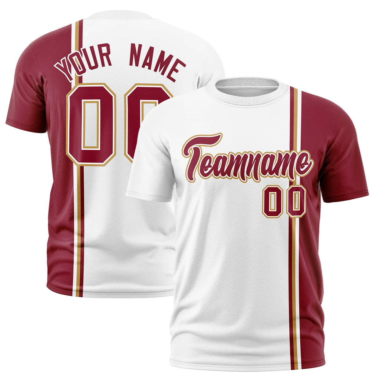 Custom White Crimson-Gold Crew neck Color Contrast Design T-Shirts