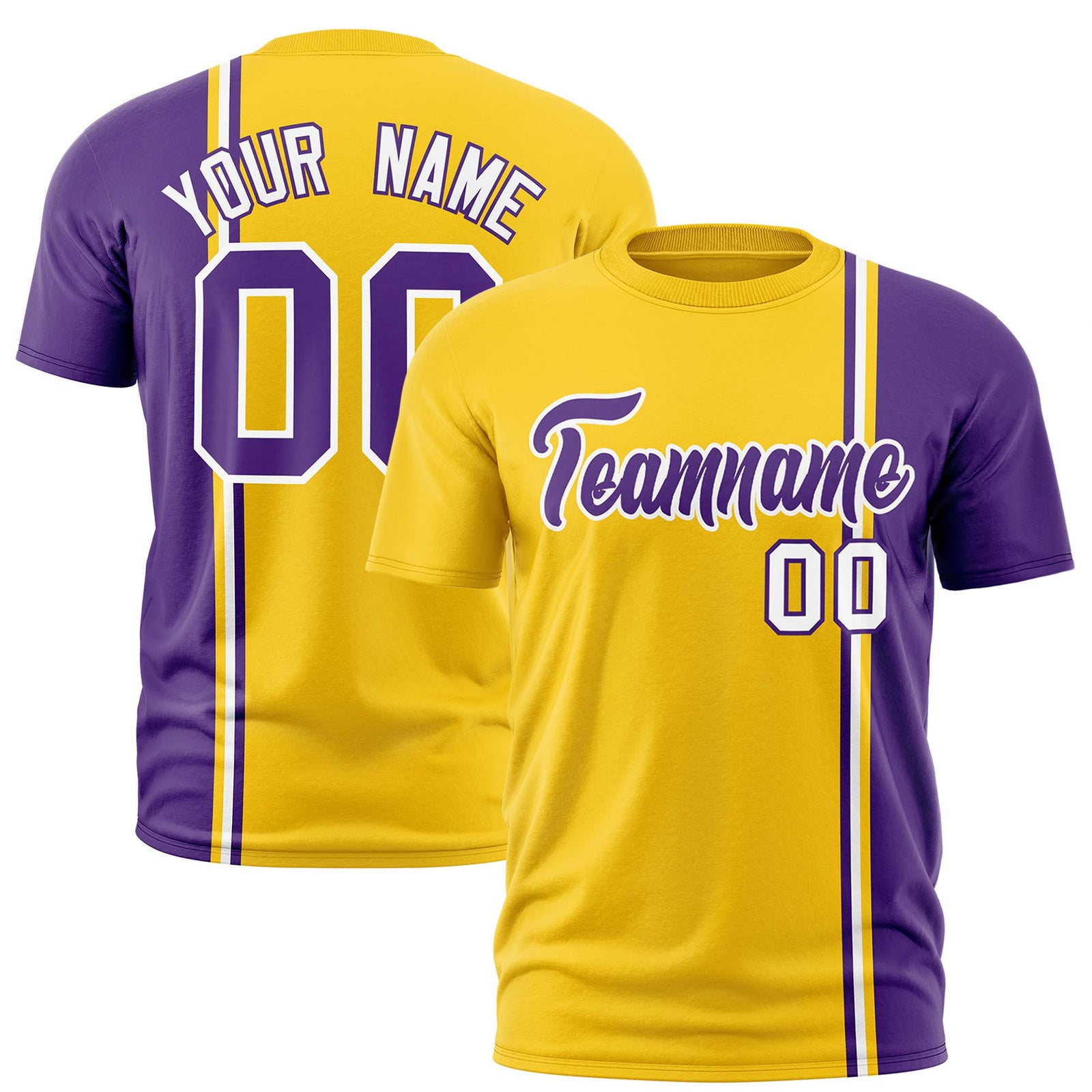 Custom Gold-01 Purple-White Crew neck Color Contrast Design T-Shirts
