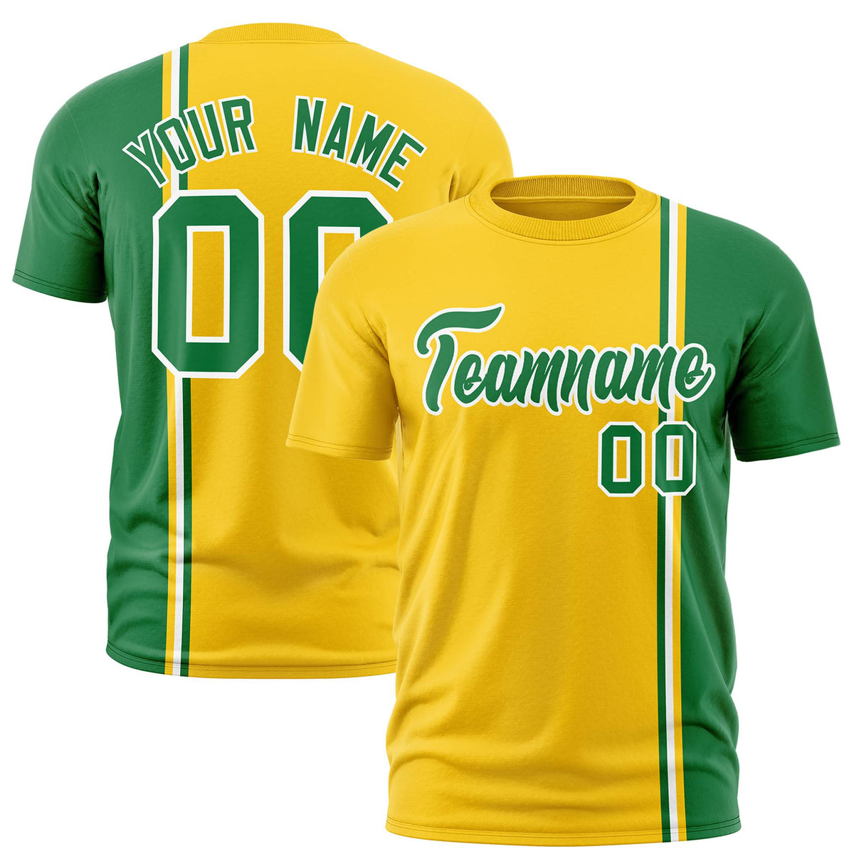 Custom Gold-01 Kelly Green-White Crew neck Color Contrast Design T-Shirts