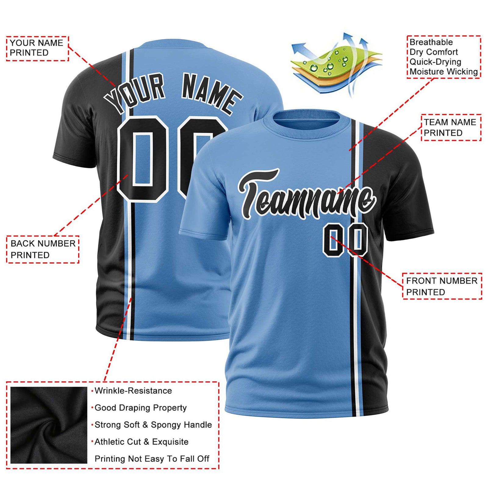 Custom Powder Blue Black-White Crew neck Color Contrast Design T-Shirts