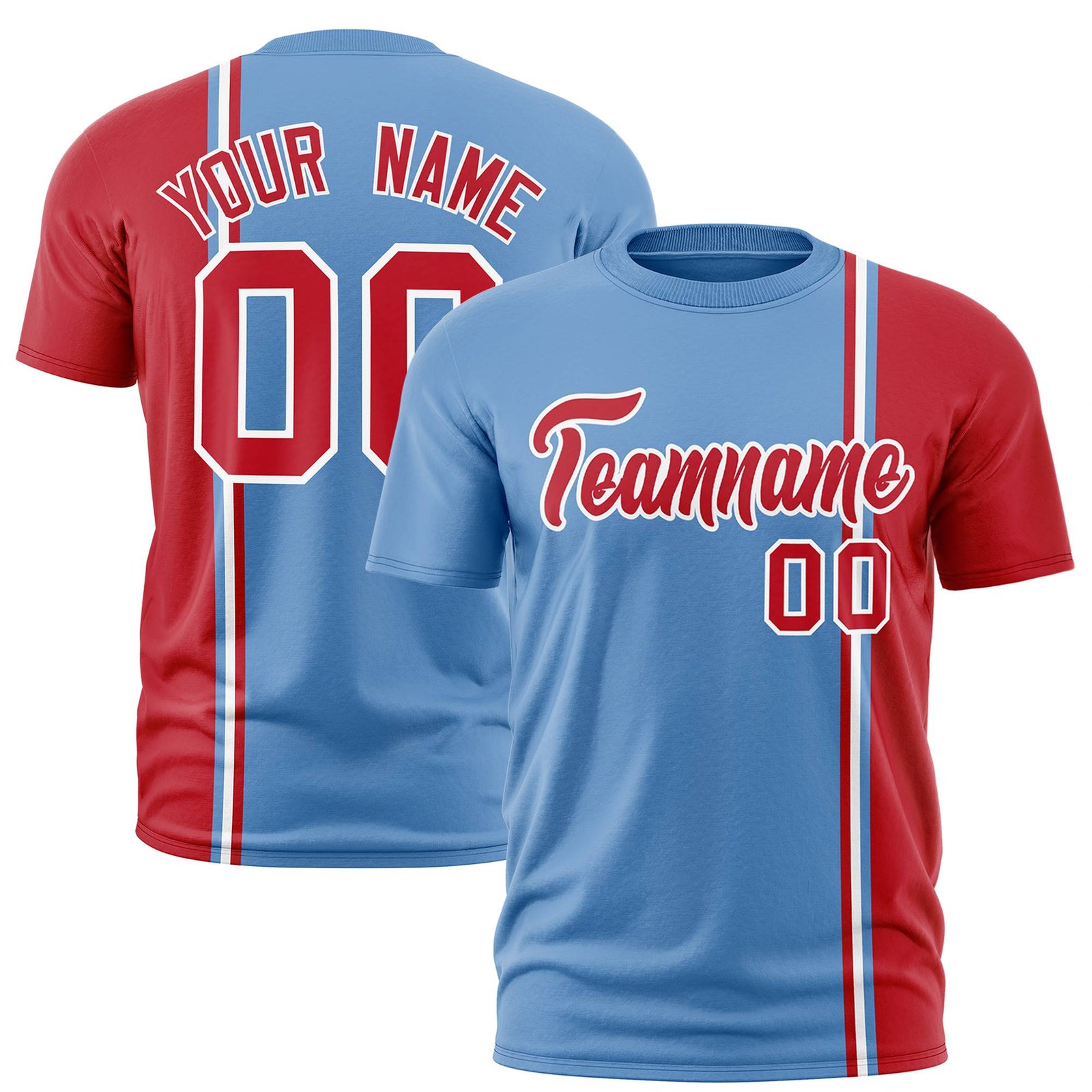 Custom Powder Blue Red-White Crew neck Color Contrast Design T-Shirts