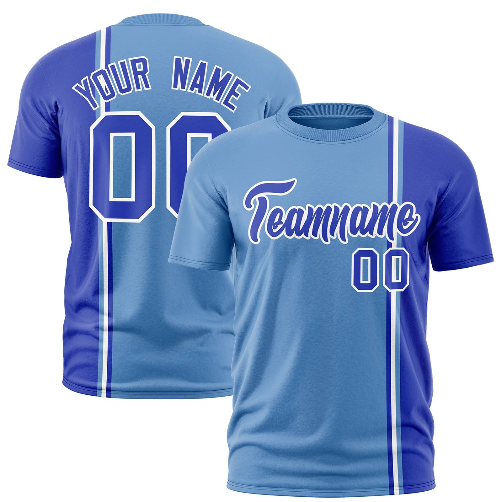 Custom Powder Blue Royal Blue-White Crew neck Color Contrast Design T-Shirts