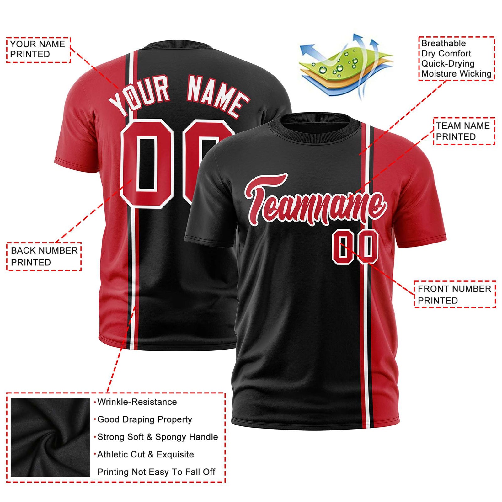 Custom Black Royal Red-White Crew neck Color Contrast Design T-Shirts