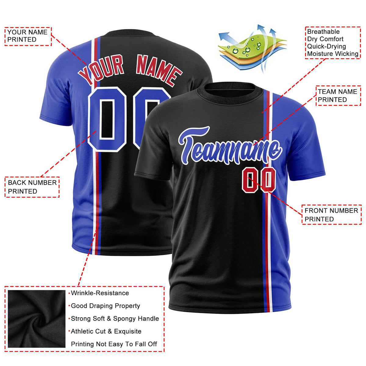 Custom Black Royal Blue-White Crew neck Color Contrast Design T-Shirts