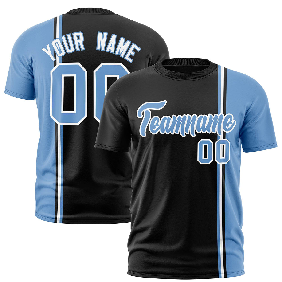 Custom Black Powder Blue-White Crew neck Color Contrast Design T-Shirts