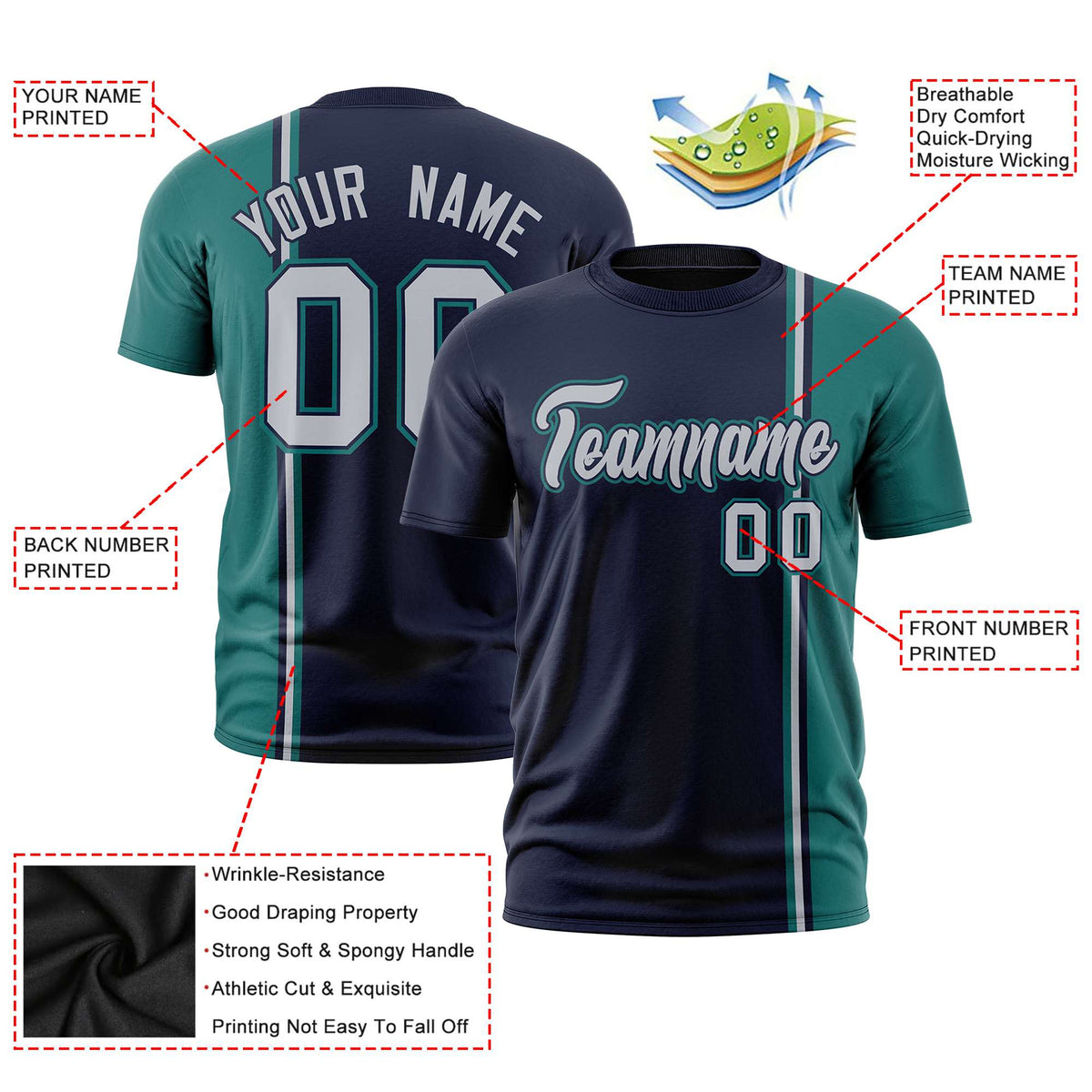 Custom Navy Aqua-White Crew neck Color Contrast Design T-Shirts