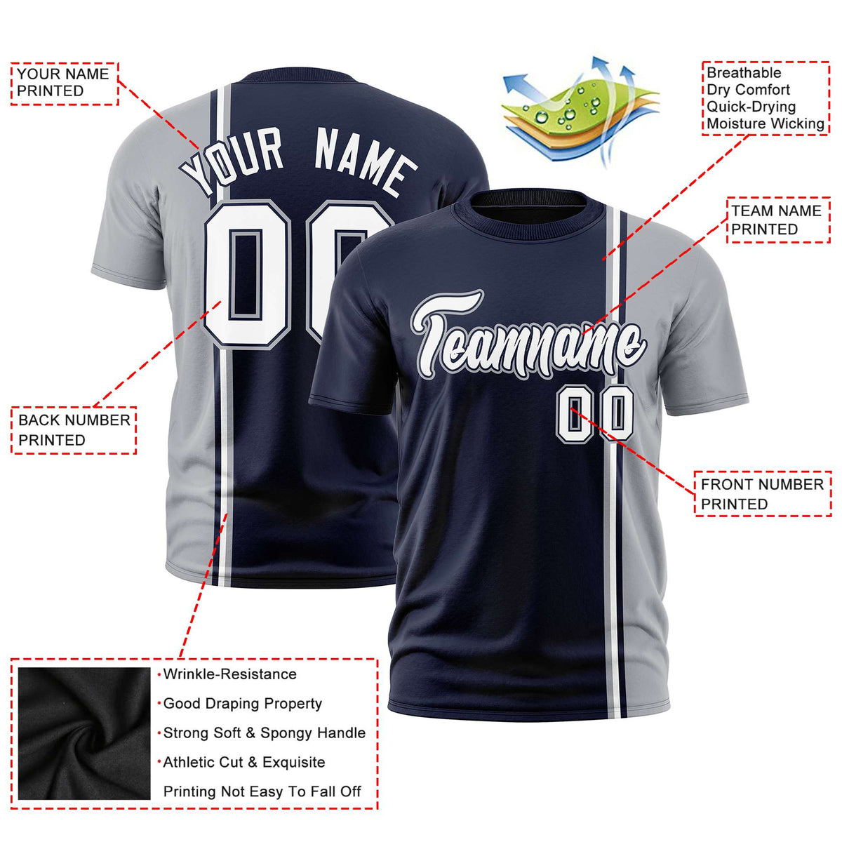 Custom Navy Gray-White Crew neck Color Contrast Design T-Shirts