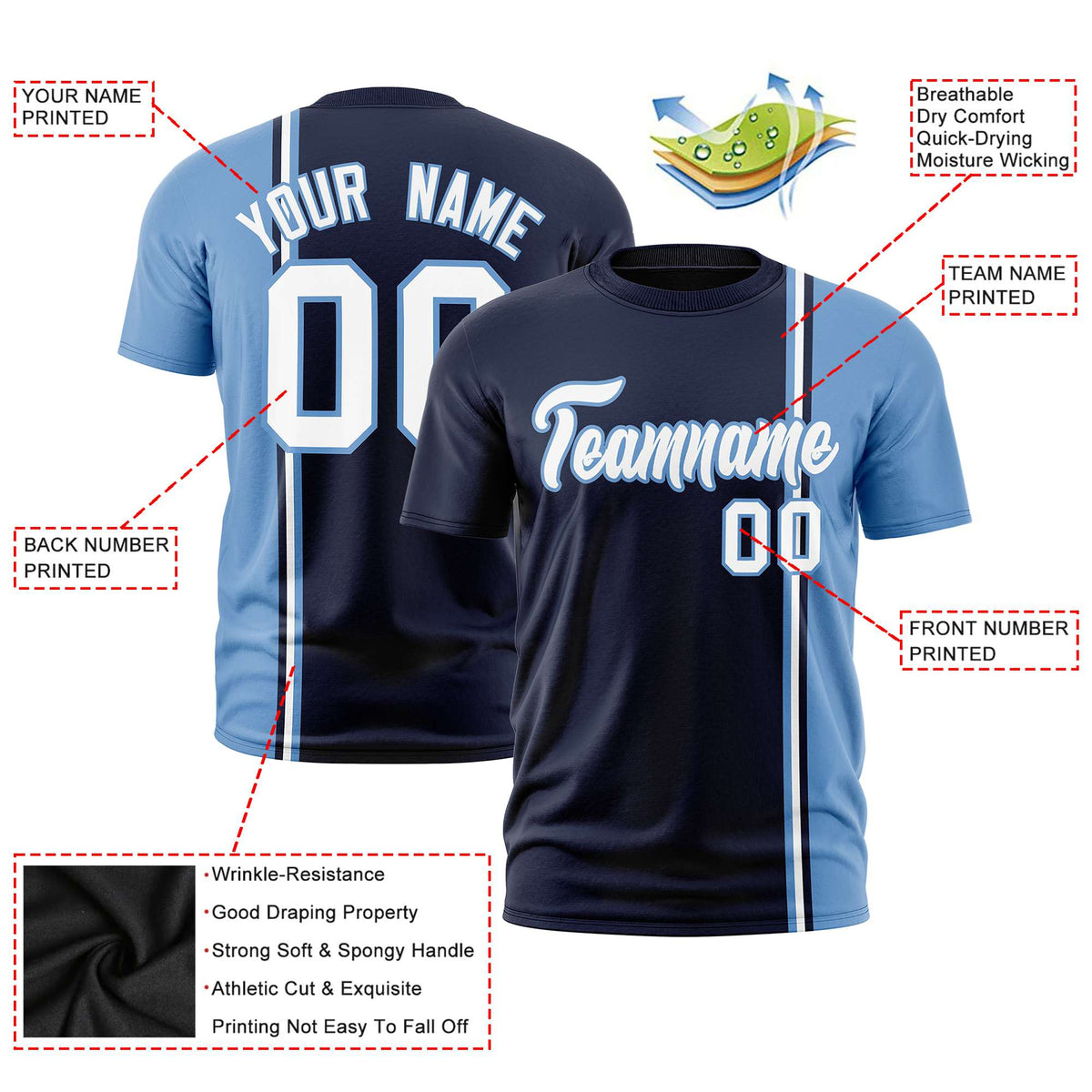 Custom Navy Powder Blue-White Crew neck Color Contrast Design T-Shirts