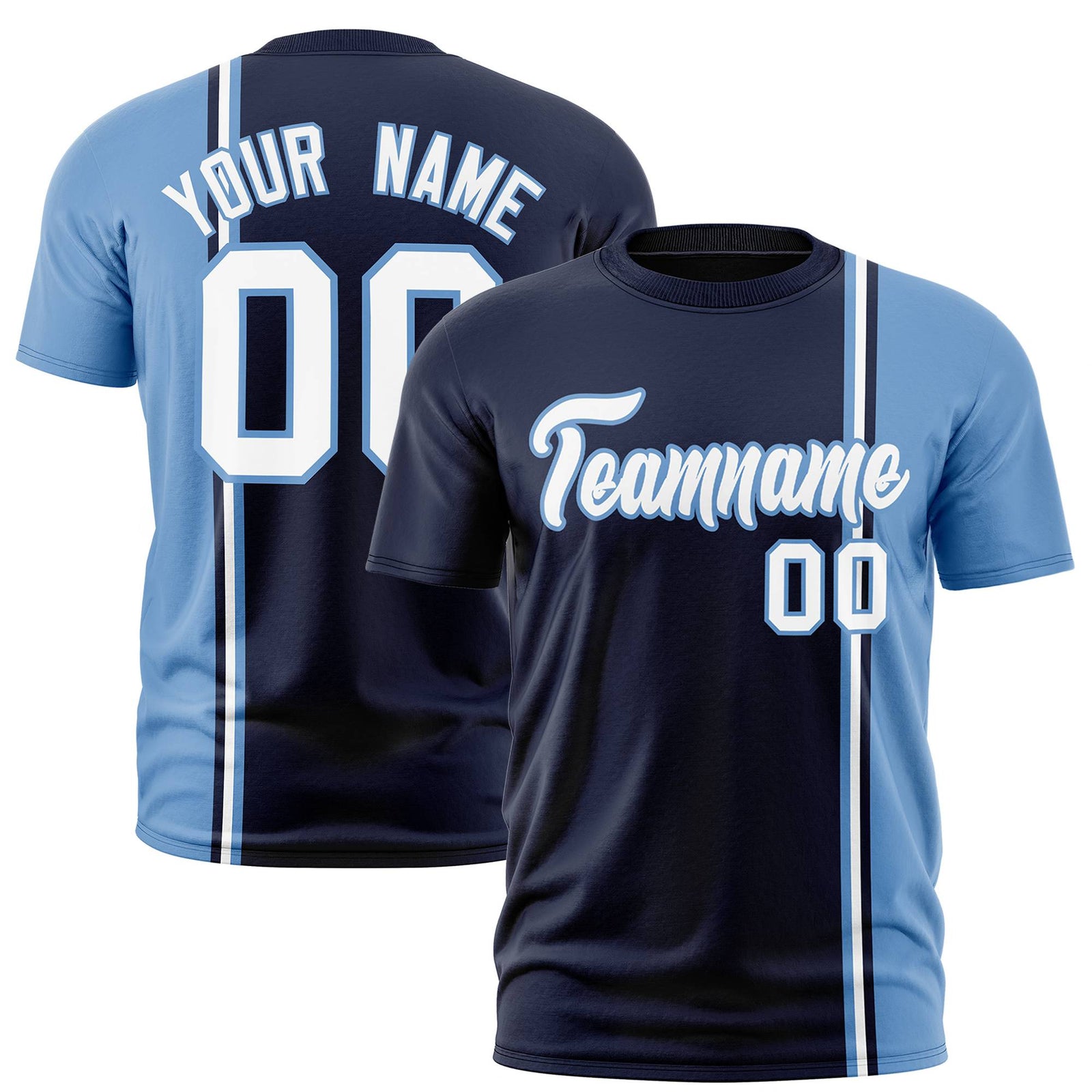 Custom Navy Powder Blue-White Crew neck Color Contrast Design T-Shirts