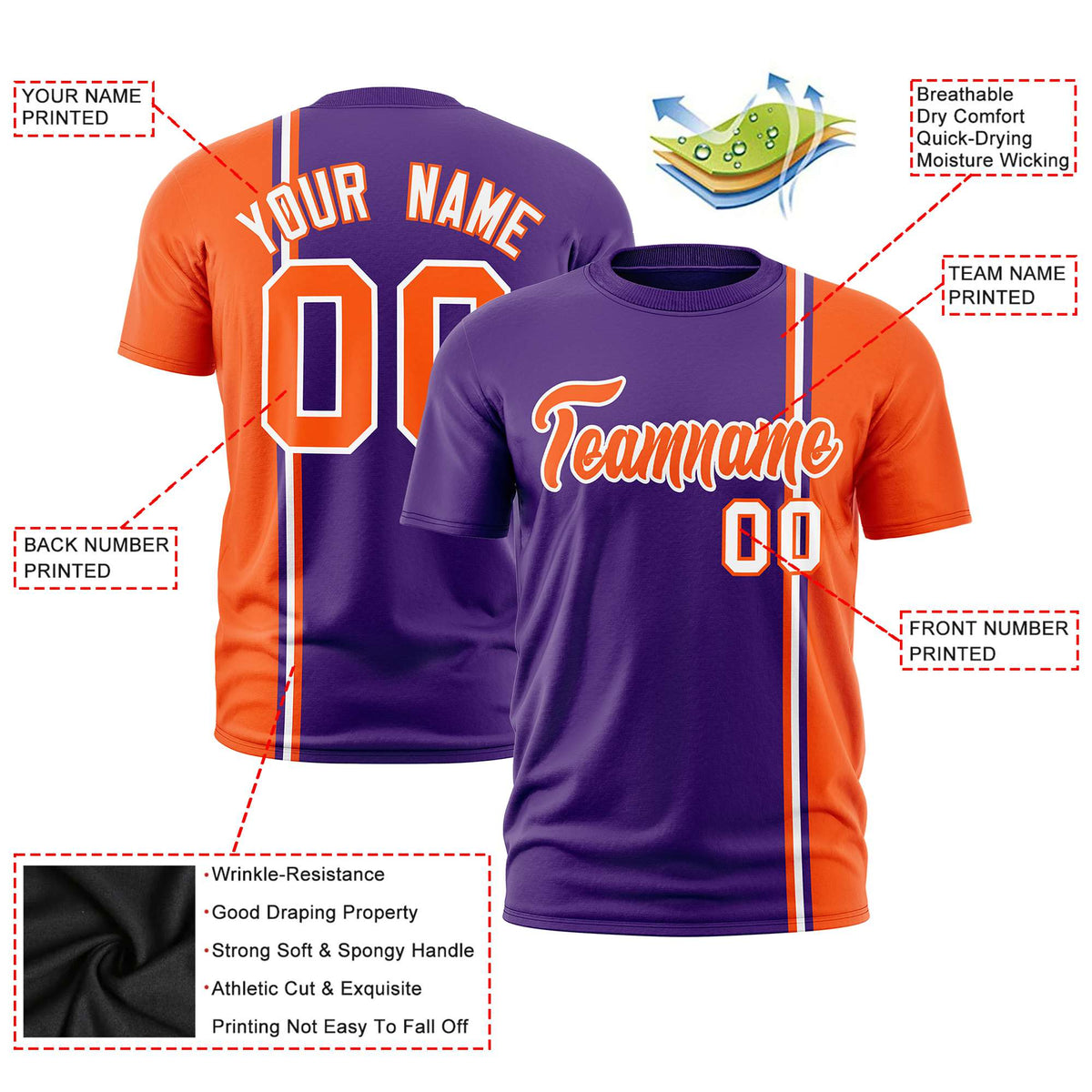 Custom Purple Orange-White Crew neck Color Contrast Design T-Shirts