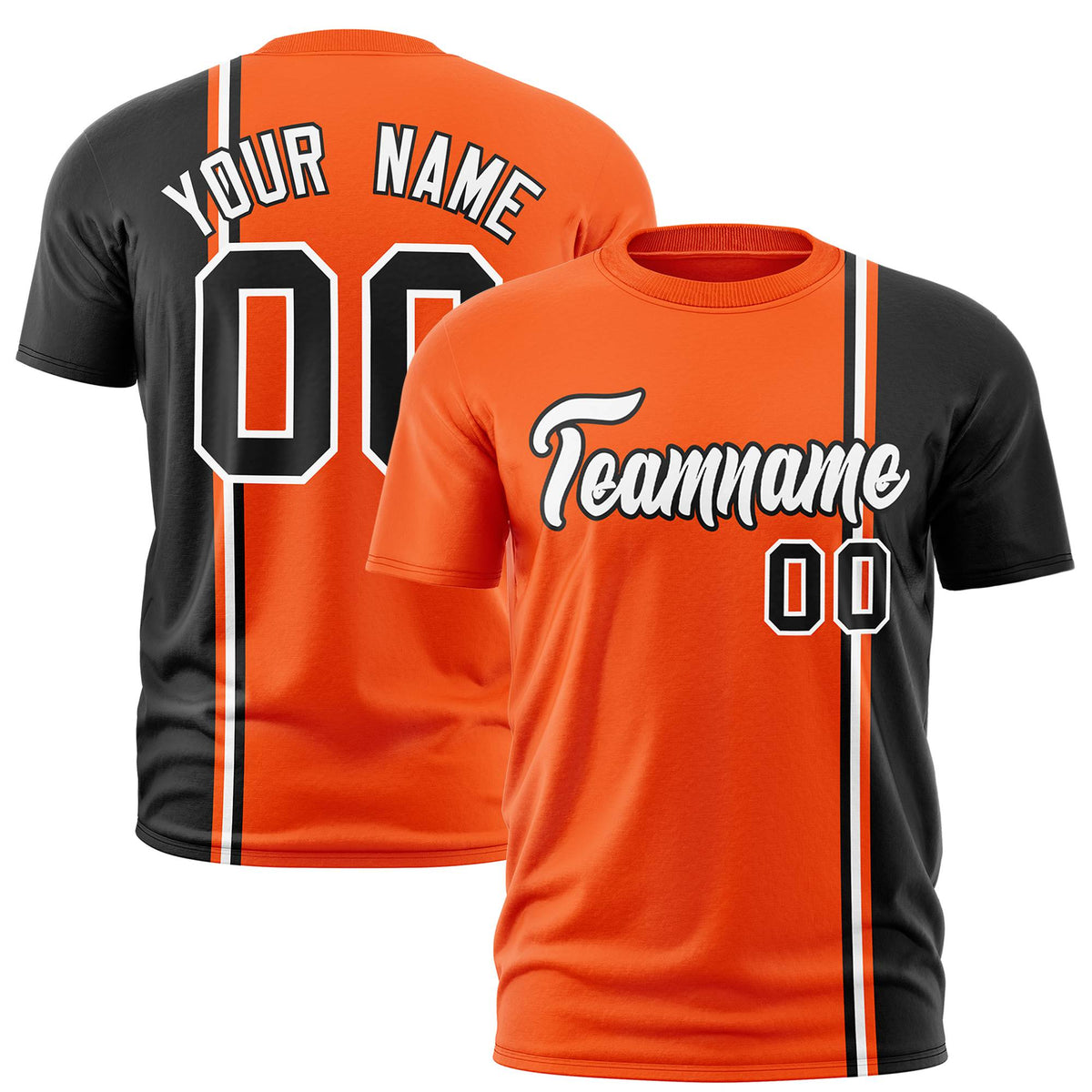 Custom Orange Black-White Crew neck Color Contrast Design T-Shirts
