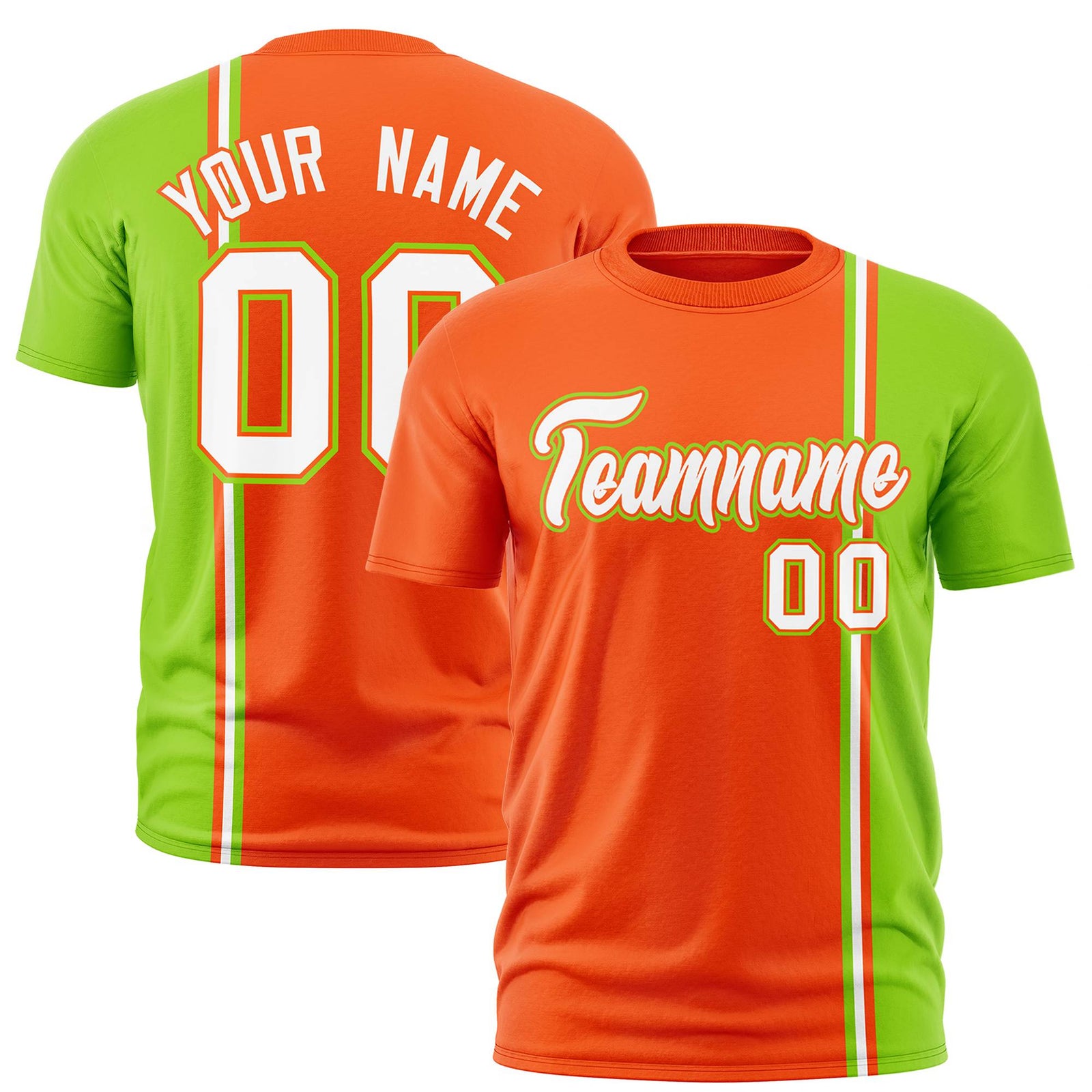 Custom Orange Neon Green-White Crew neck Color Contrast Design T-Shirts