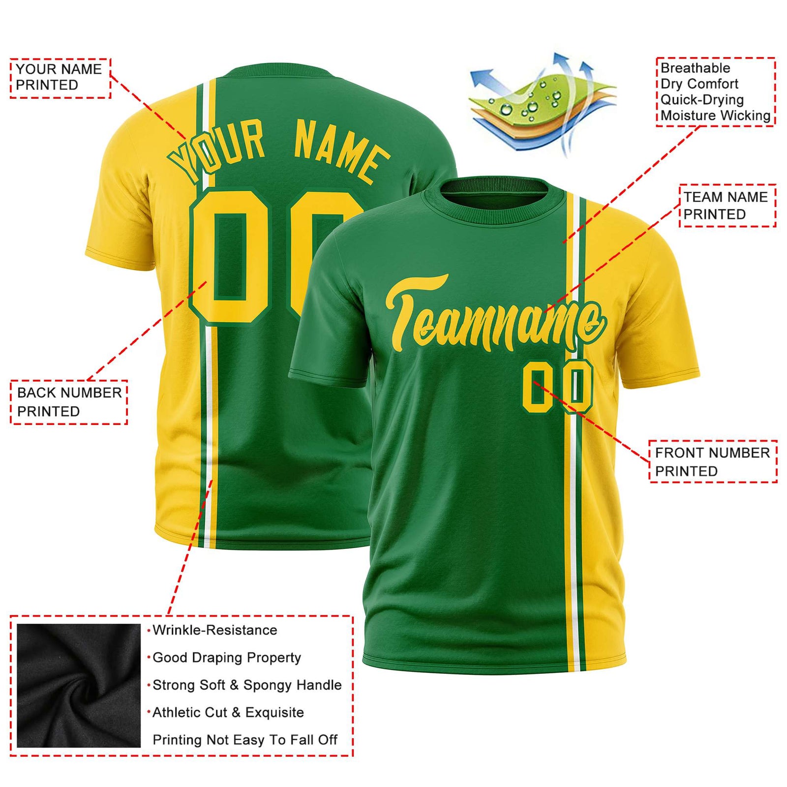 Custom Kelly Green Gold-01 White Crew neck Color Contrast Design T-Shirts