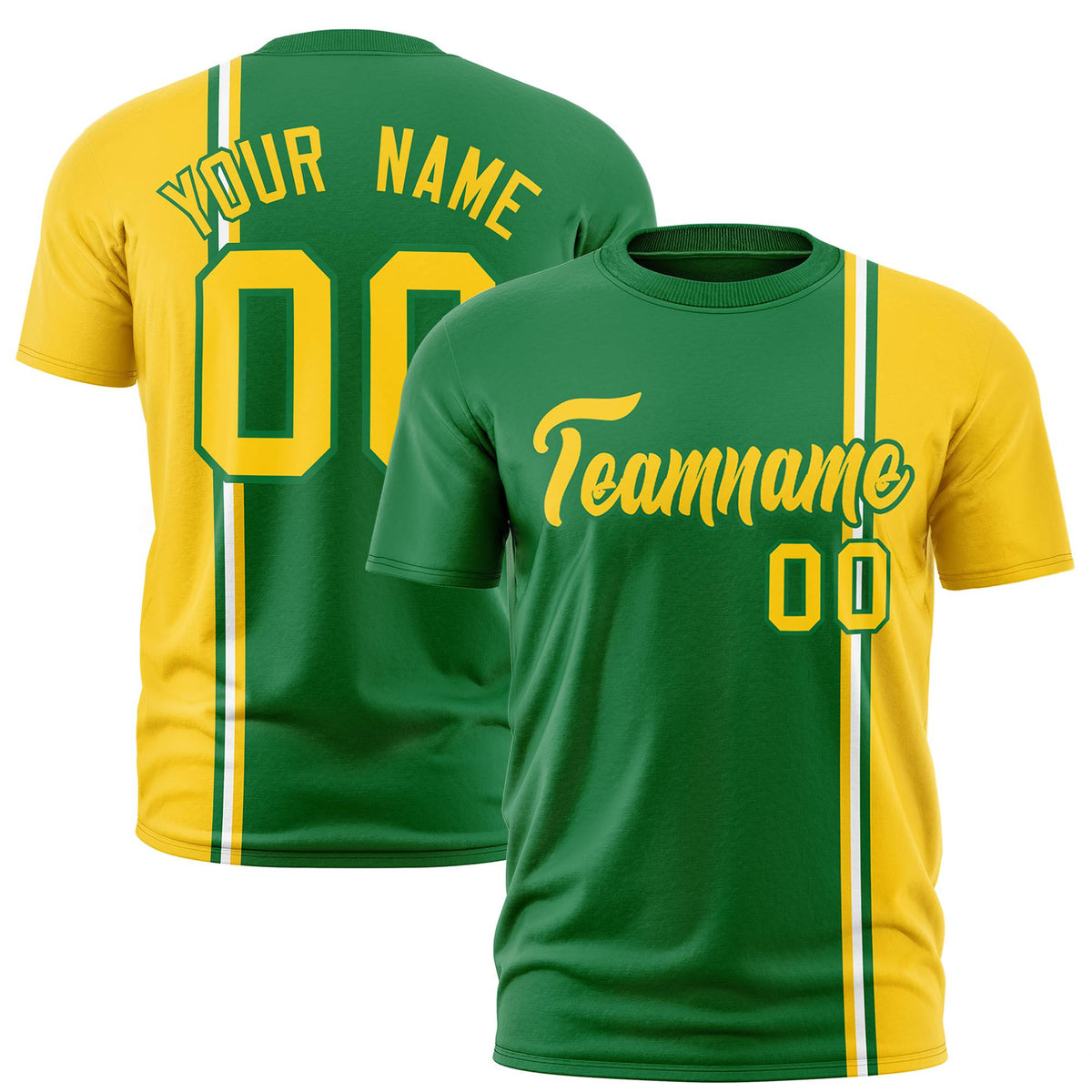 Custom Kelly Green Gold-01 White Crew neck Color Contrast Design T-Shirts