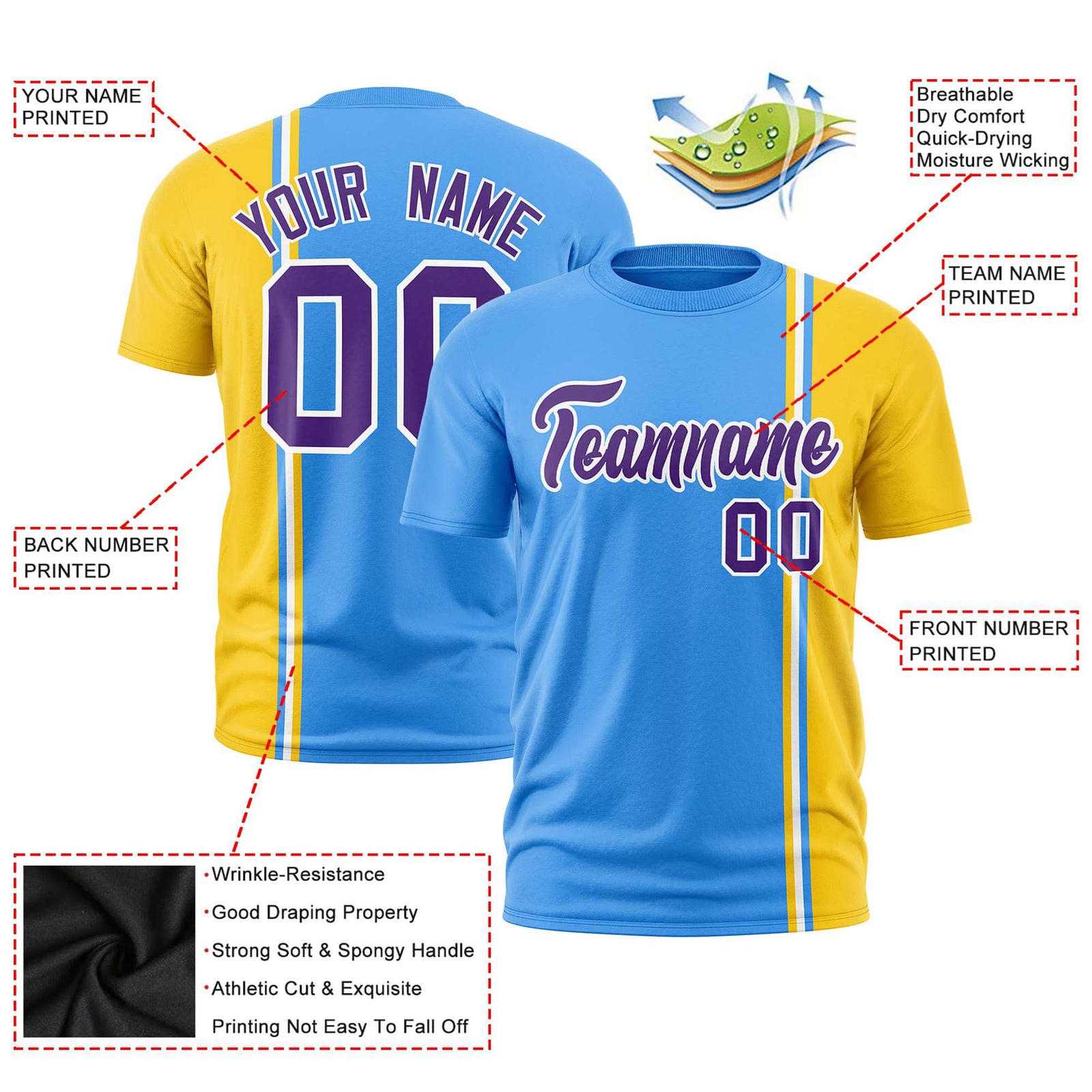 Custom Powder Blue Gold-01 White Crew neck Color Contrast Design T-Shirts