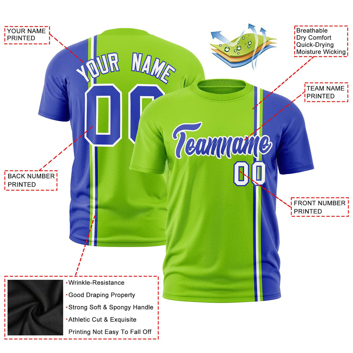 Custom Neon Green Royal Blue-White Crew neck Color Contrast Design T-Shirts