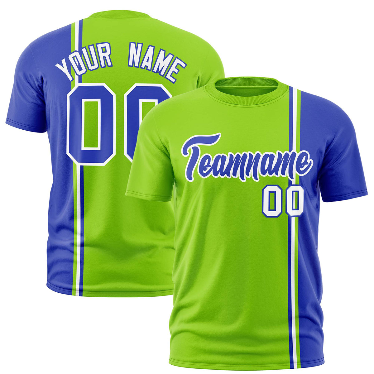 Custom Neon Green Royal Blue-White Crew neck Color Contrast Design T-Shirts