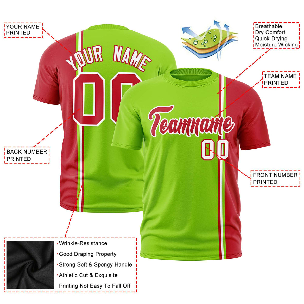 Custom Neon Green Red-White Crew neck Color Contrast Design T-Shirts